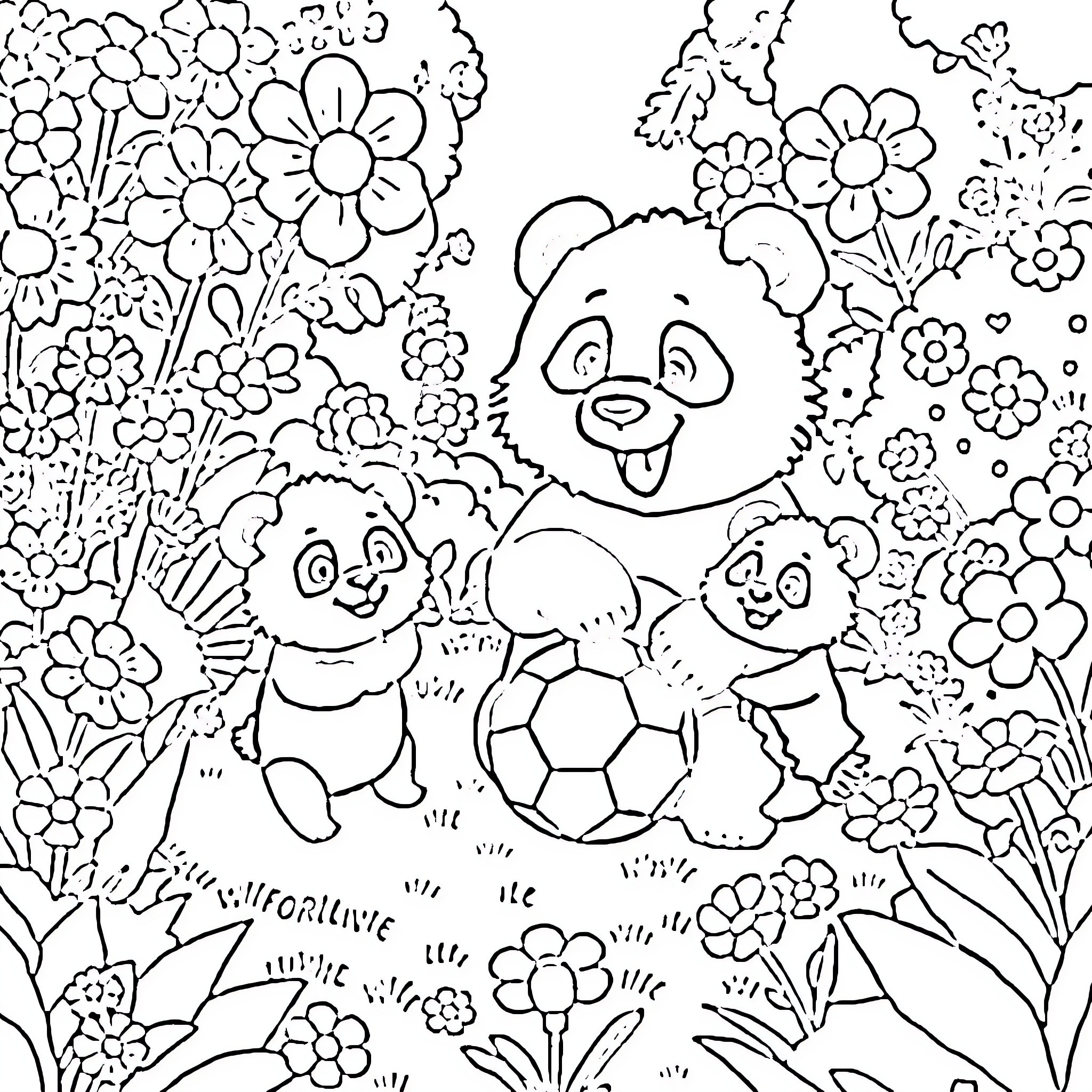 Panda Bears Playing Joyfully Amidst Flowers Coloring Page (free black-and-white line drawing printable PDF for all, from beginners to advanced learners, including children, teens, adults, and seniors)