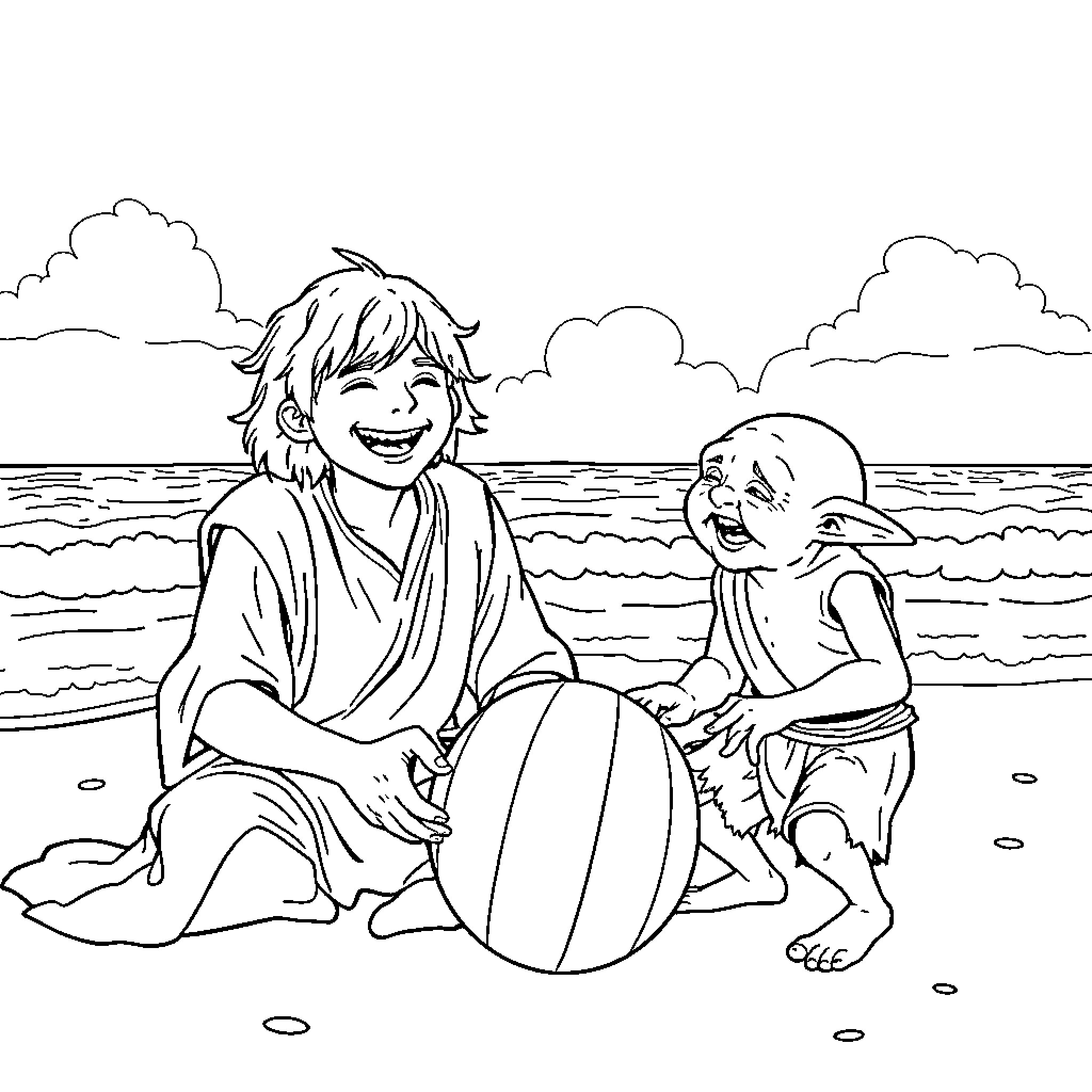 Frodo and Sméagol playing on the beach Coloring Page (free black-and-white line drawing printable PDF for all, from beginners to advanced learners, including children, teens, adults, and seniors)