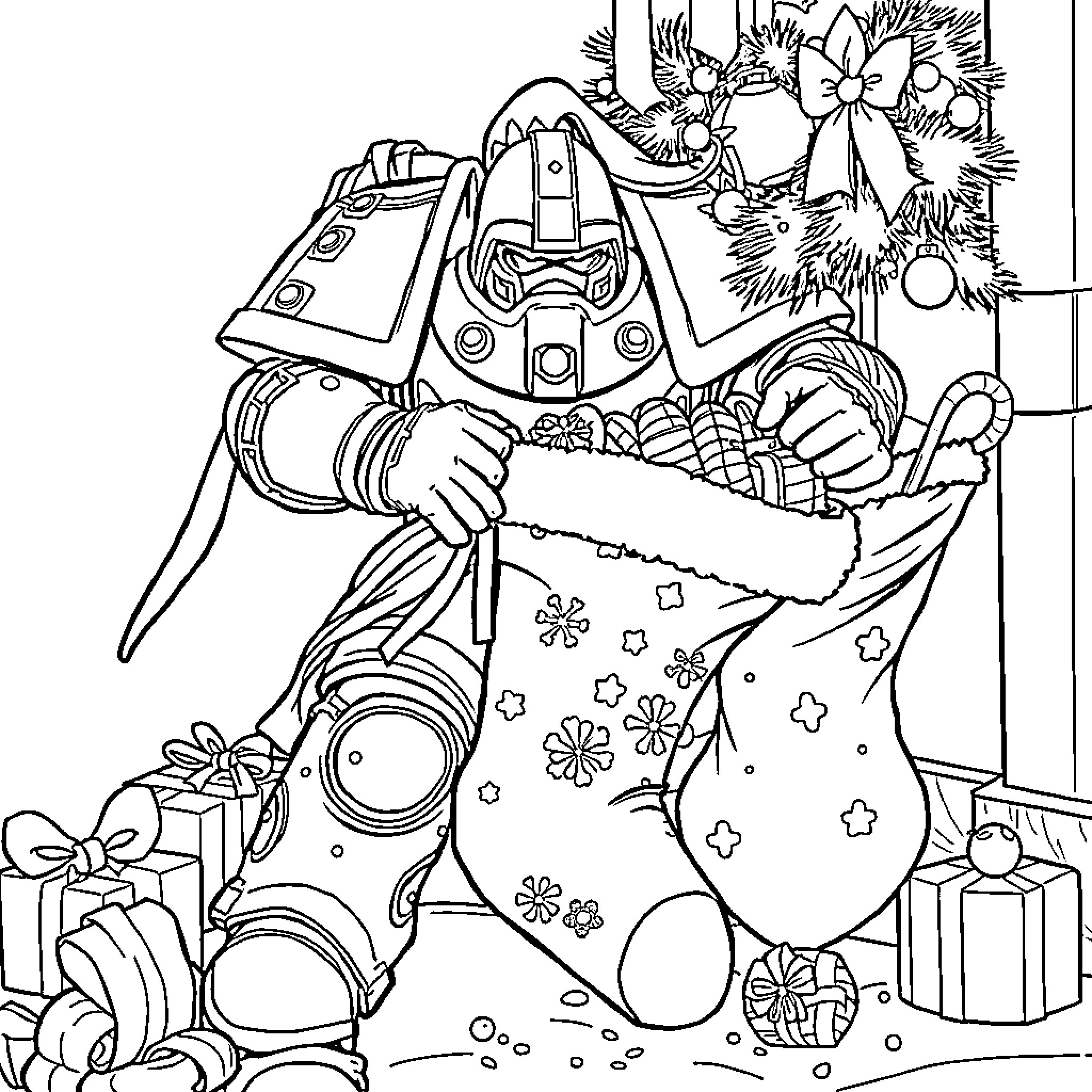 Spacemarine on festive holiday preparations Coloring Page (free black-and-white line drawing printable PDF for all, from beginners to advanced learners, including children, teens, adults, and seniors)
