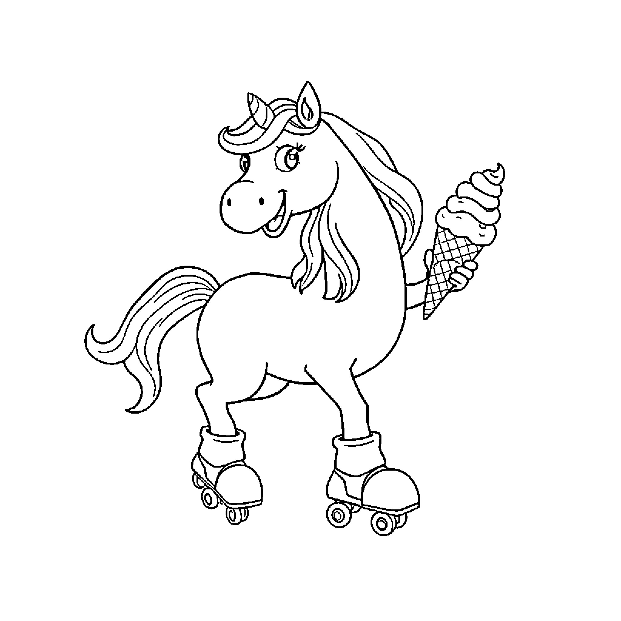Unicorn with ice cream cone on roller skates Coloring Page (free black-and-white line drawing printable PDF for all, from beginners to advanced learners, including children, teens, adults, and seniors)