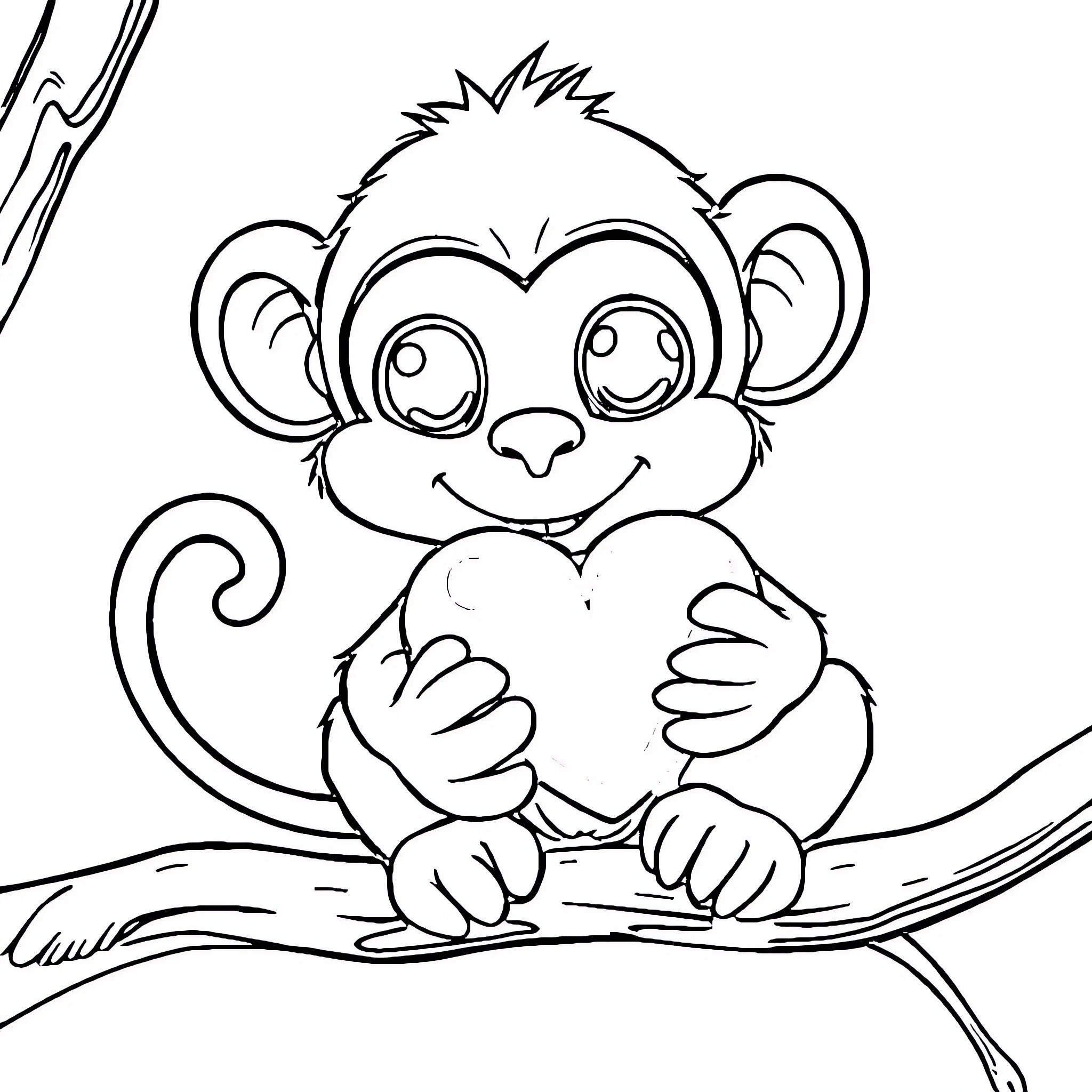 Monkey holding heart on tree branch Coloring Page (free black-and-white line drawing printable PDF for all, from beginners to advanced learners, including children, teens, adults, and seniors)