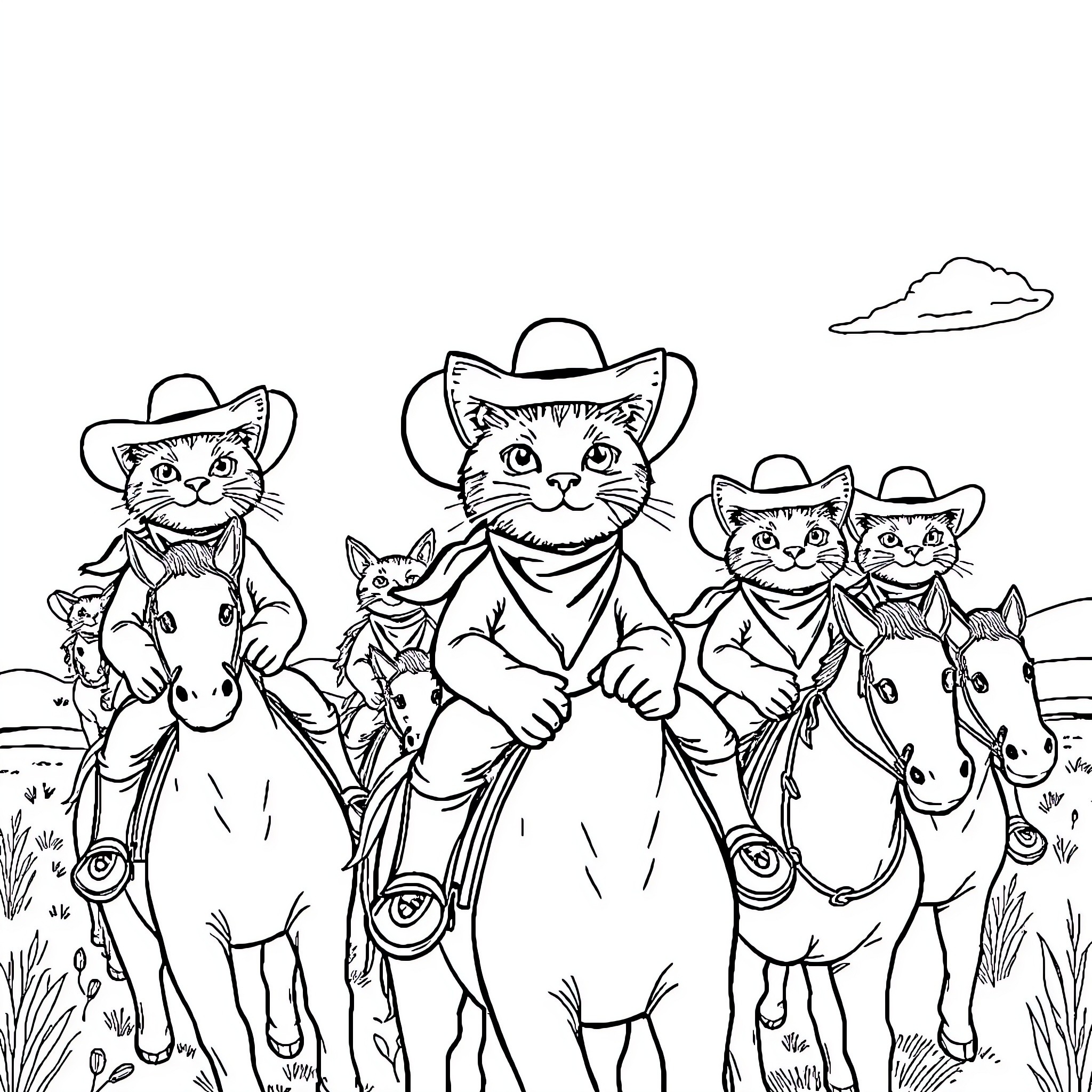 Cowboy Cats Riding Horses in the Wild West Coloring Page (free black-and-white line drawing printable PDF for all, from beginners to advanced learners, including children, teens, adults, and seniors)