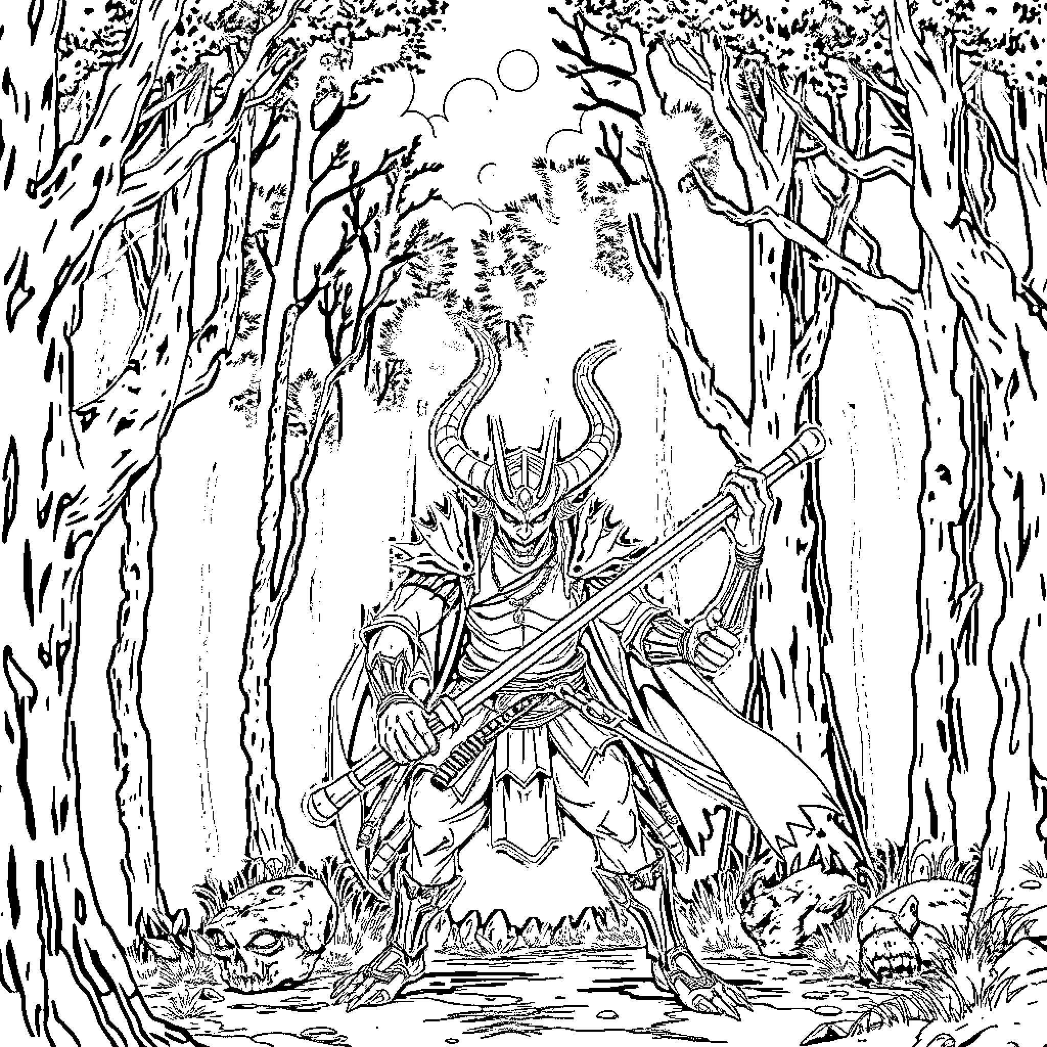 Demonslayer warrior in the enchanted forest Coloring Page (free black-and-white line drawing printable PDF for all, from beginners to advanced learners, including children, teens, adults, and seniors)