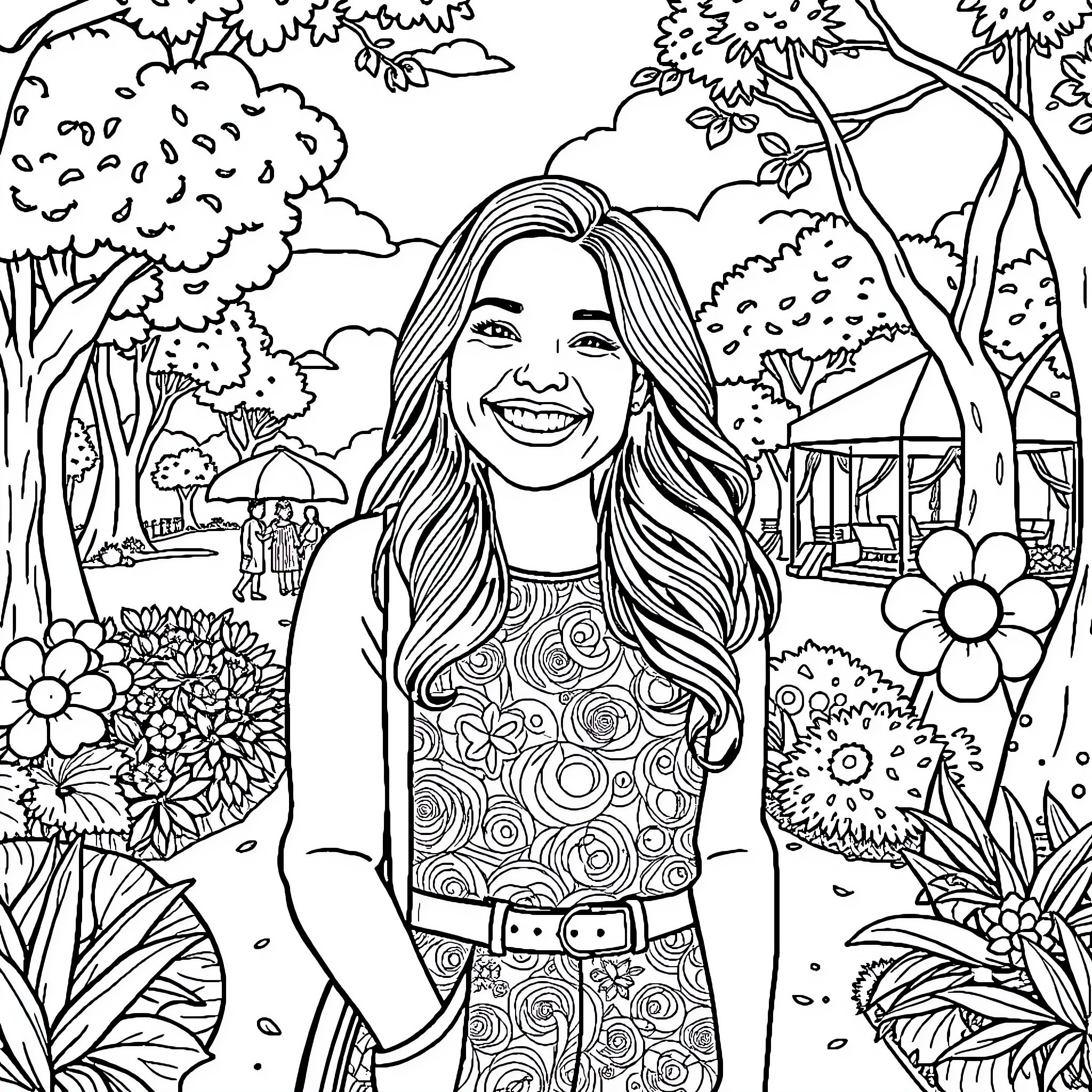 Karely Ruz enjoys the serene nature scenery Coloring Page (free black-and-white line drawing printable PDF for all, from beginners to advanced learners, including children, teens, adults, and seniors)