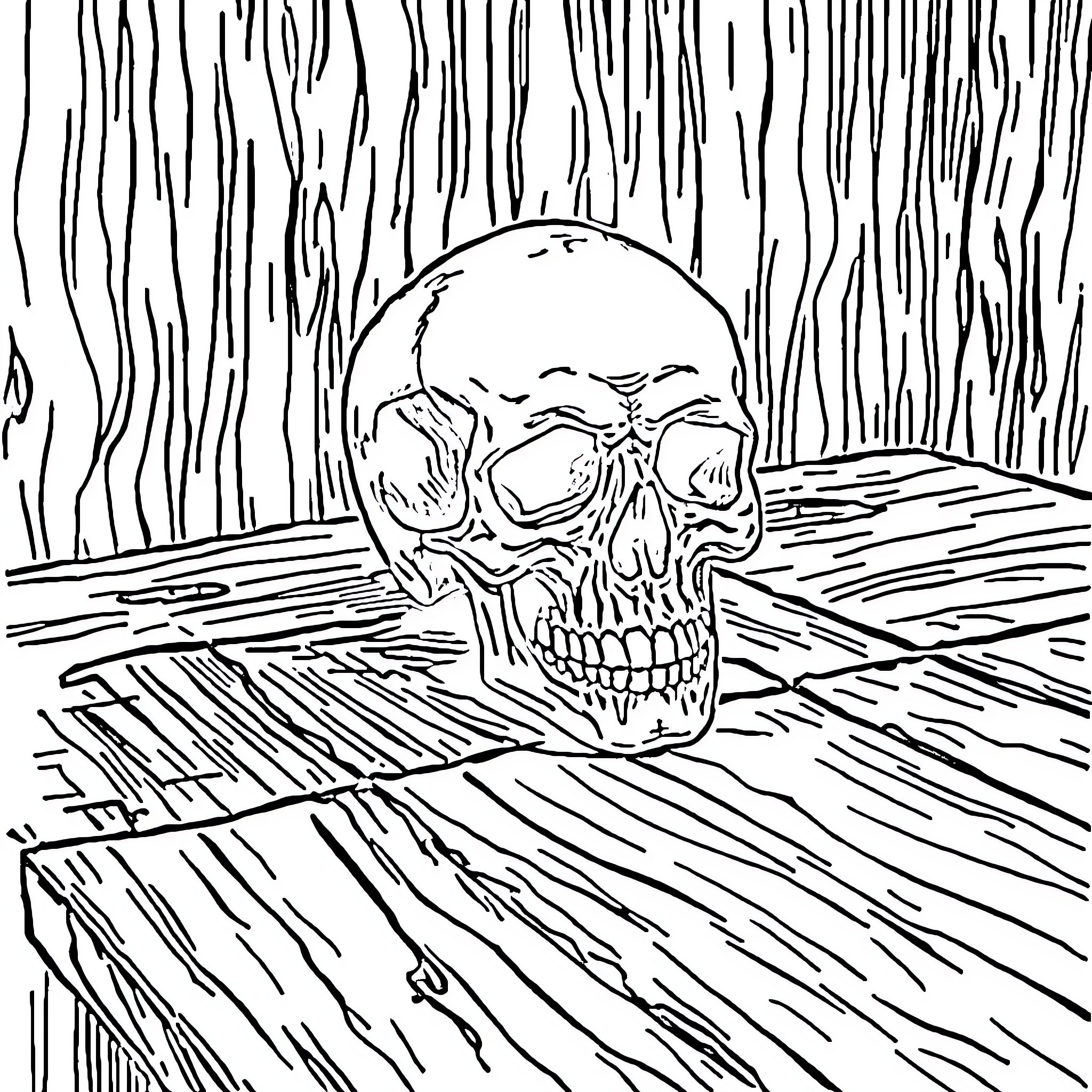 Skull emerging from distorted wood pattern Coloring Page (free black-and-white line drawing printable PDF for all, from beginners to advanced learners, including children, teens, adults, and seniors)
