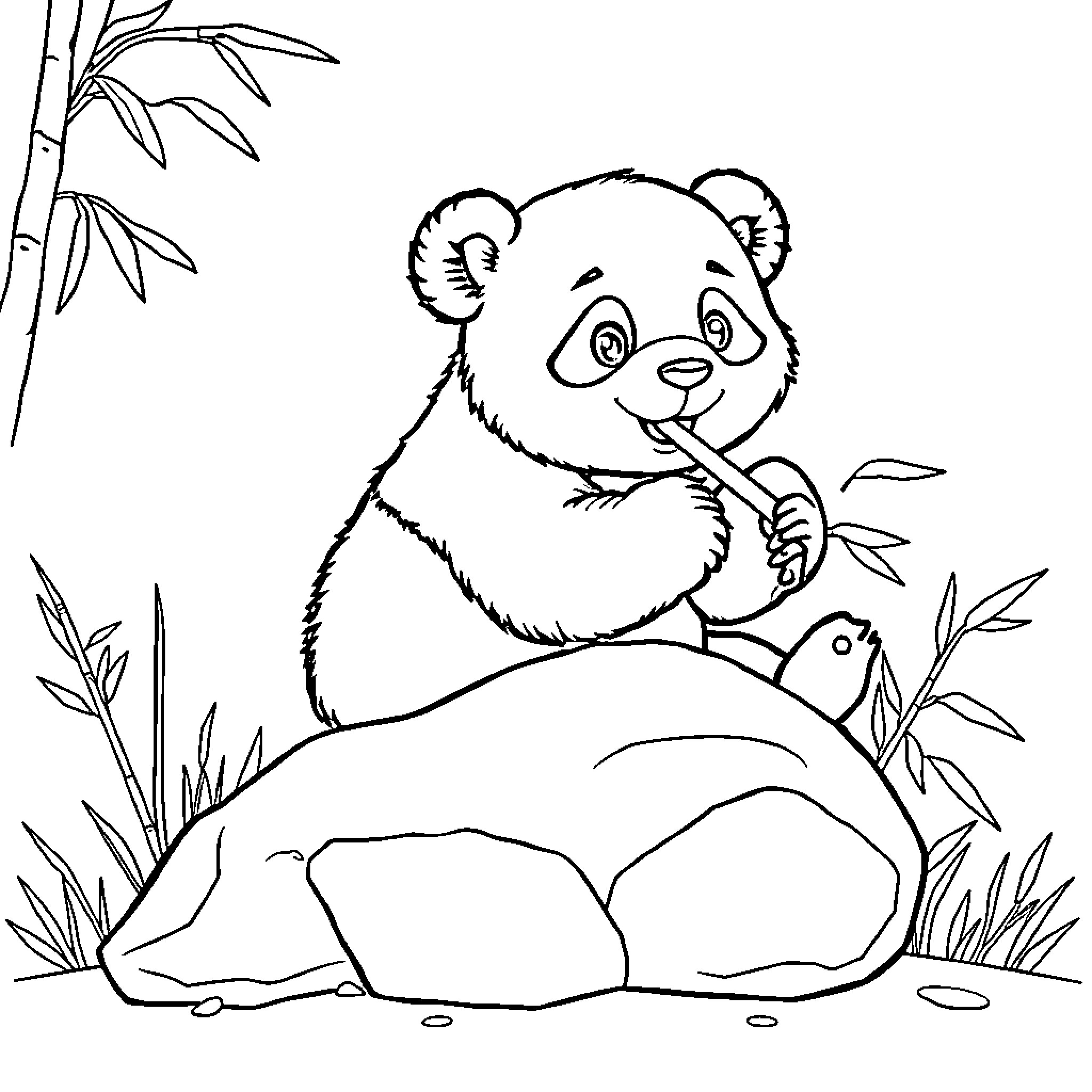 Panda enjoying a snack in the bamboo forest Coloring Page (free black-and-white line drawing printable PDF for all, from beginners to advanced learners, including children, teens, adults, and seniors)