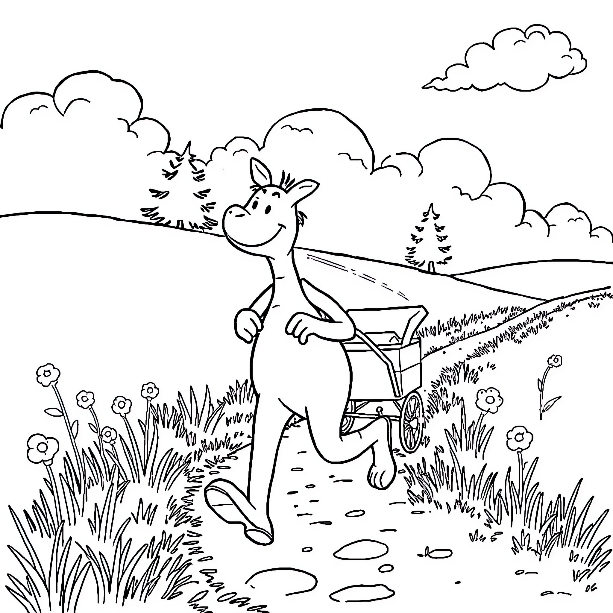 Tchoupi taking a stroll through the countryside Coloring Page (free black-and-white line drawing printable PDF for all, from beginners to advanced learners, including children, teens, adults, and seniors)