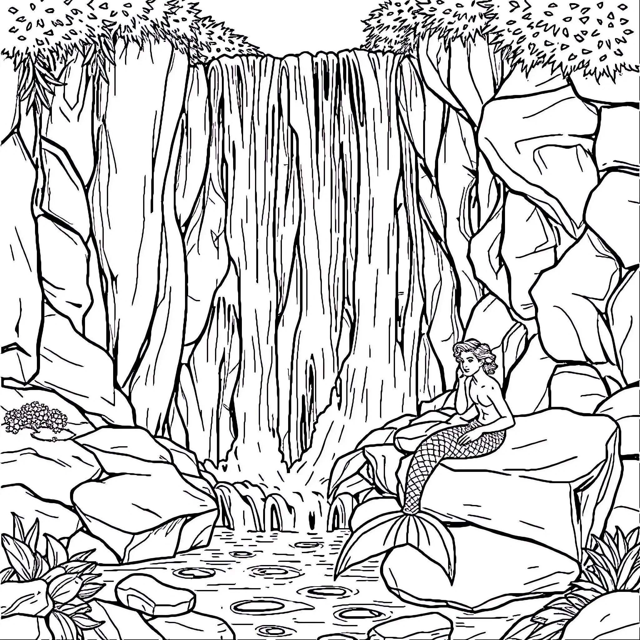 Merman resting by a serene waterfall Coloring Page (free black-and-white line drawing printable PDF for all, from beginners to advanced learners, including children, teens, adults, and seniors)