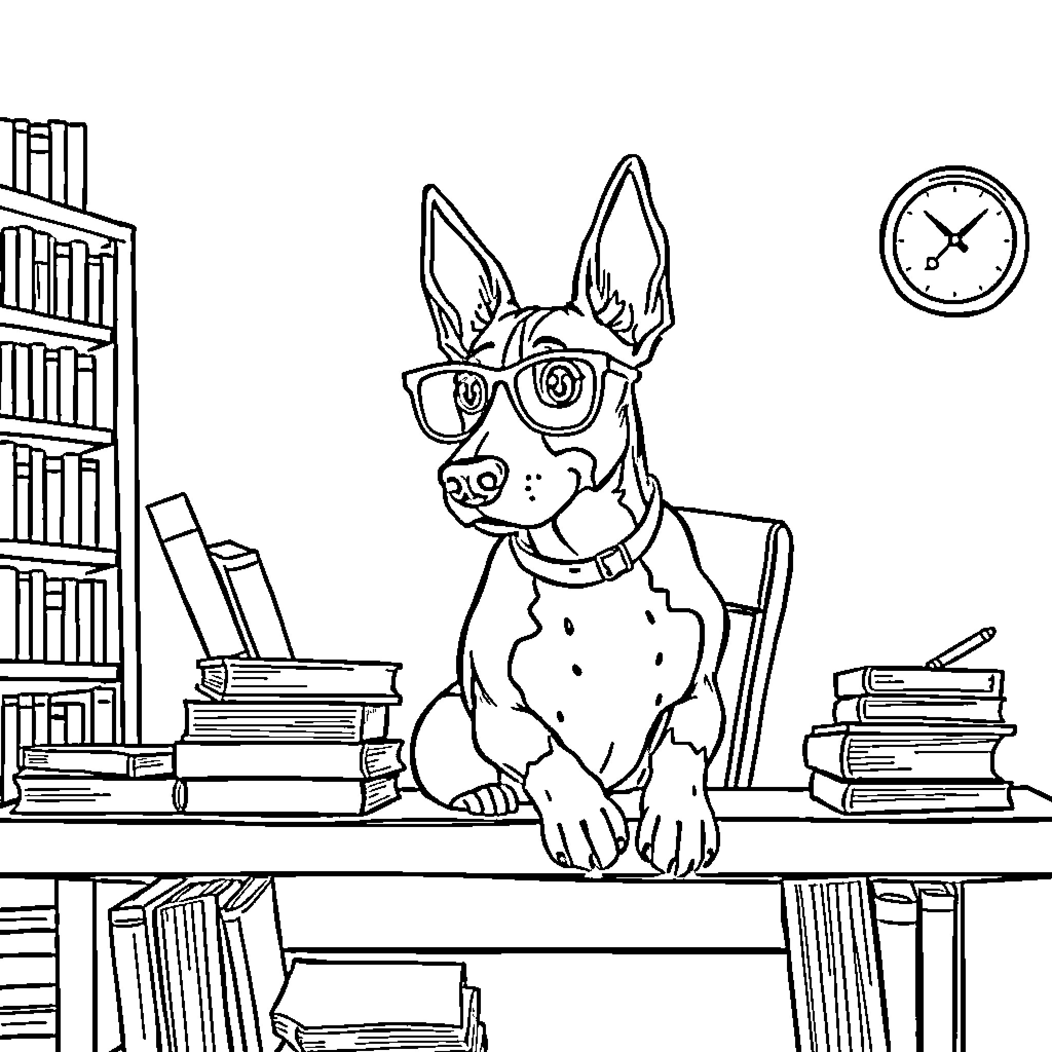 Blue Heeler dog studying in the library Coloring Page (free black-and-white line drawing printable PDF for all, from beginners to advanced learners, including children, teens, adults, and seniors)