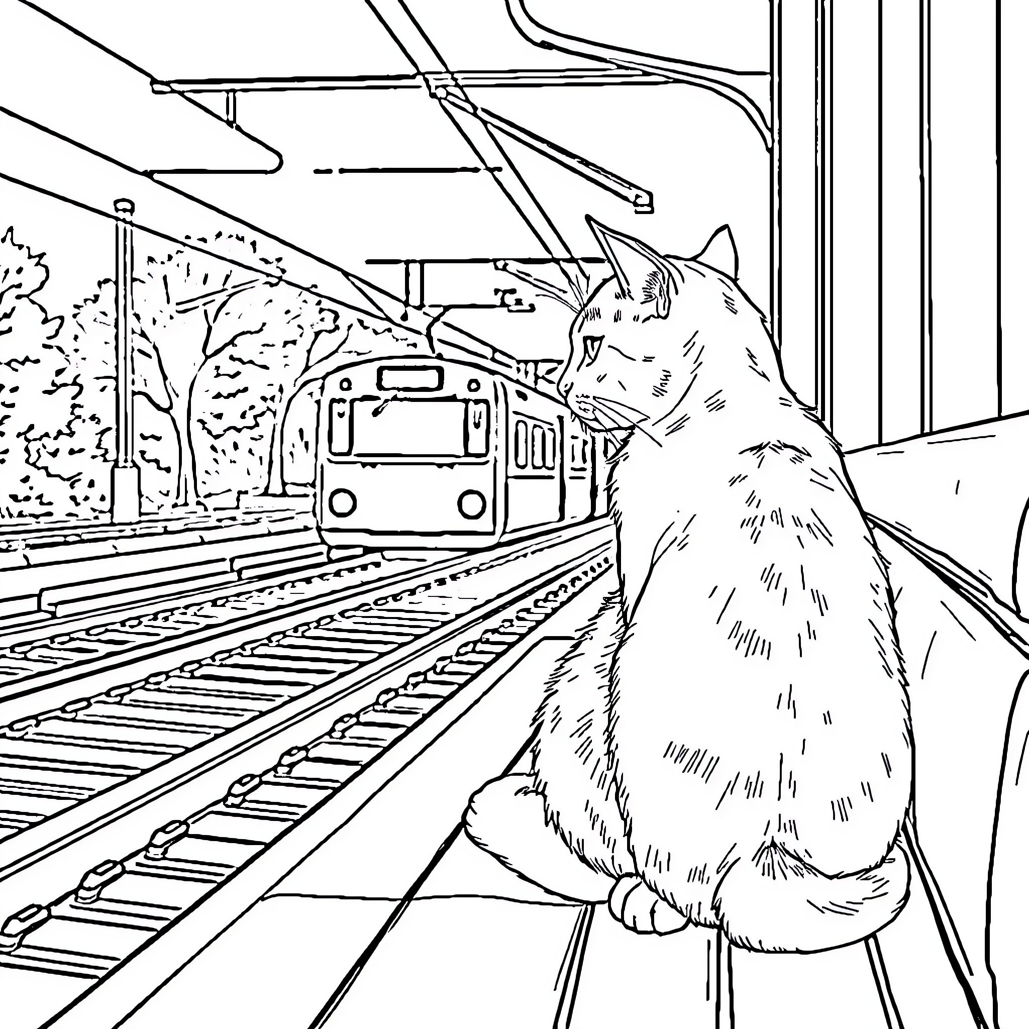 Cat observing train in urban setting Coloring Page (free black-and-white line drawing printable PDF for all, from beginners to advanced learners, including children, teens, adults, and seniors)