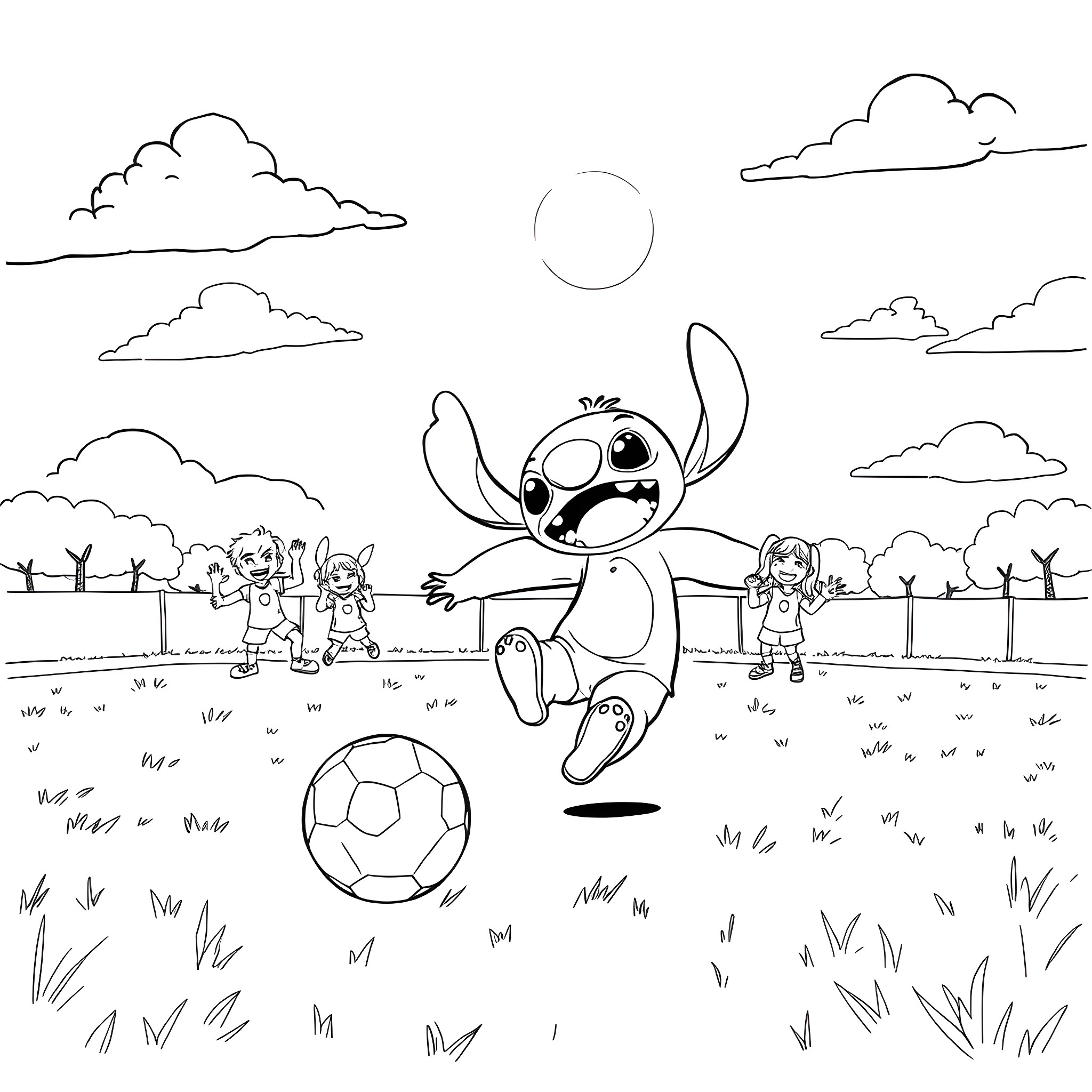 Stitch playing soccer with children in the park Coloring Page (free black-and-white line drawing printable PDF for all, from beginners to advanced learners, including children, teens, adults, and seniors)
