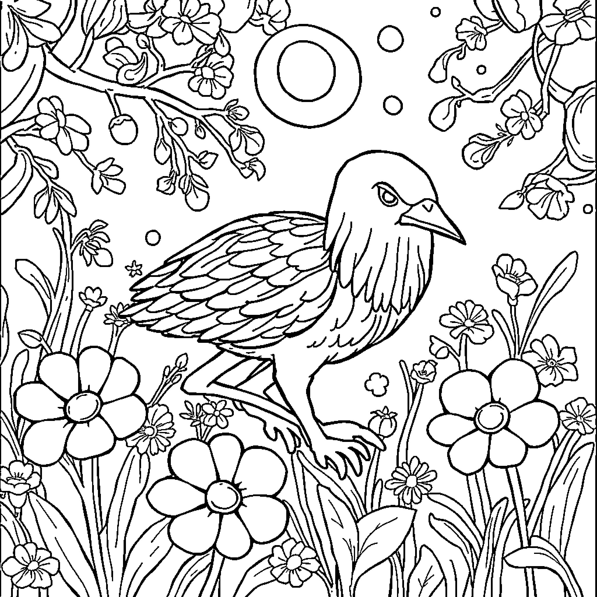 Türkçe Kelimeler: Bird amidst Blossoming Flowers Coloring Page (free black-and-white line drawing printable PDF for all, from beginners to advanced learners, including children, teens, adults, and seniors)