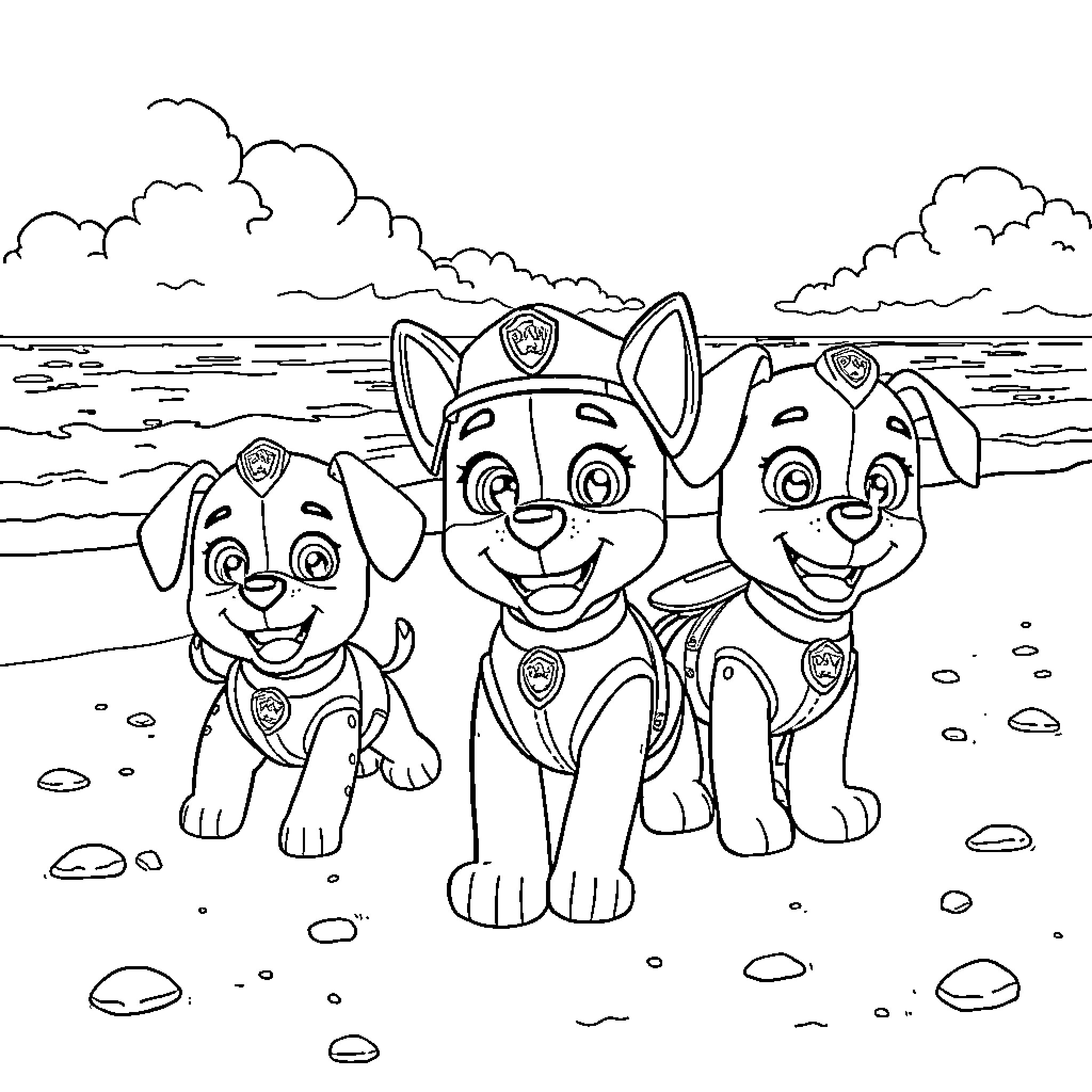 Paw Patrol pups playing on the beach Coloring Page (free black-and-white line drawing printable PDF for all, from beginners to advanced learners, including children, teens, adults, and seniors)