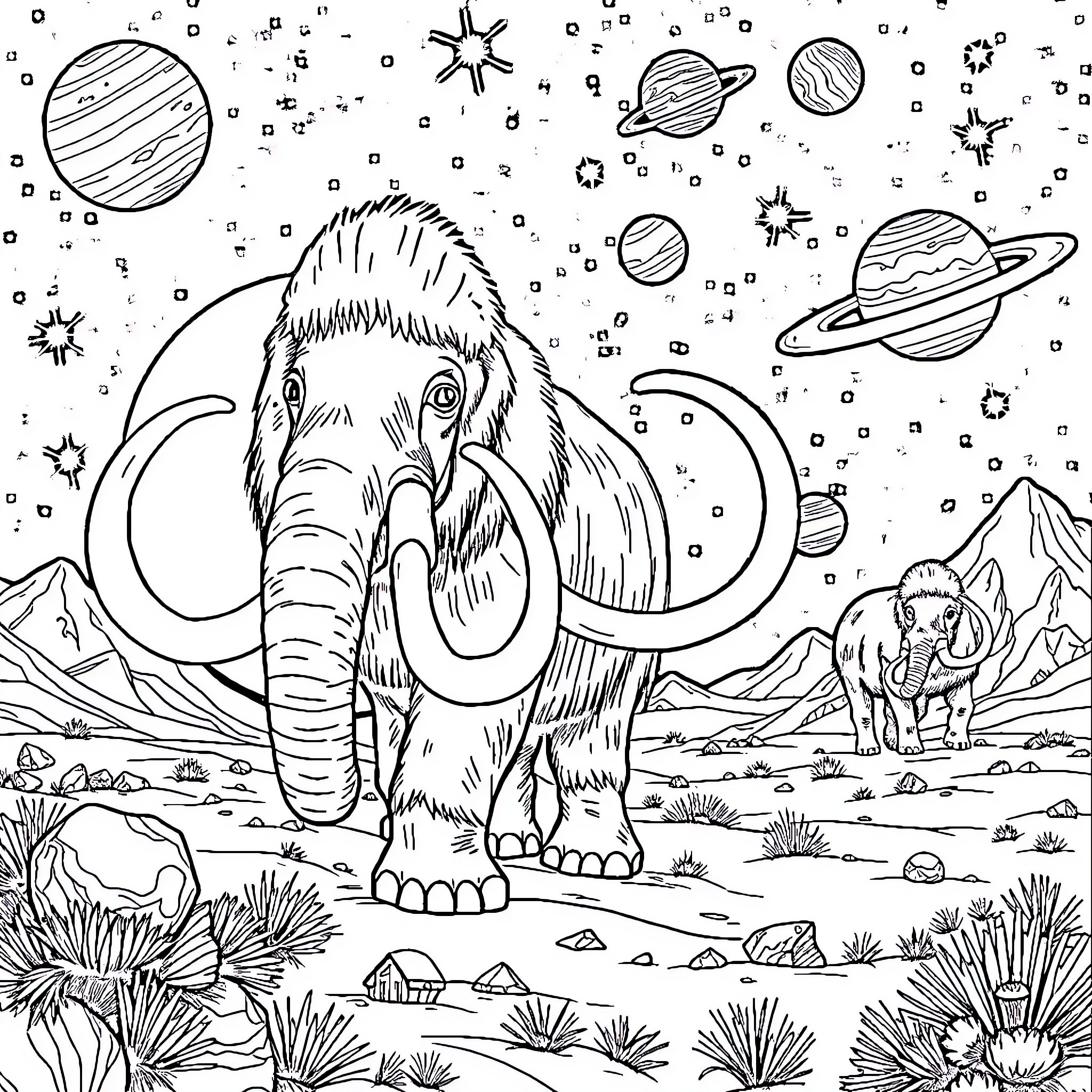 Mammoth in a Cosmic Landscape Coloring Page (free black-and-white line drawing printable PDF for all, from beginners to advanced learners, including children, teens, adults, and seniors)