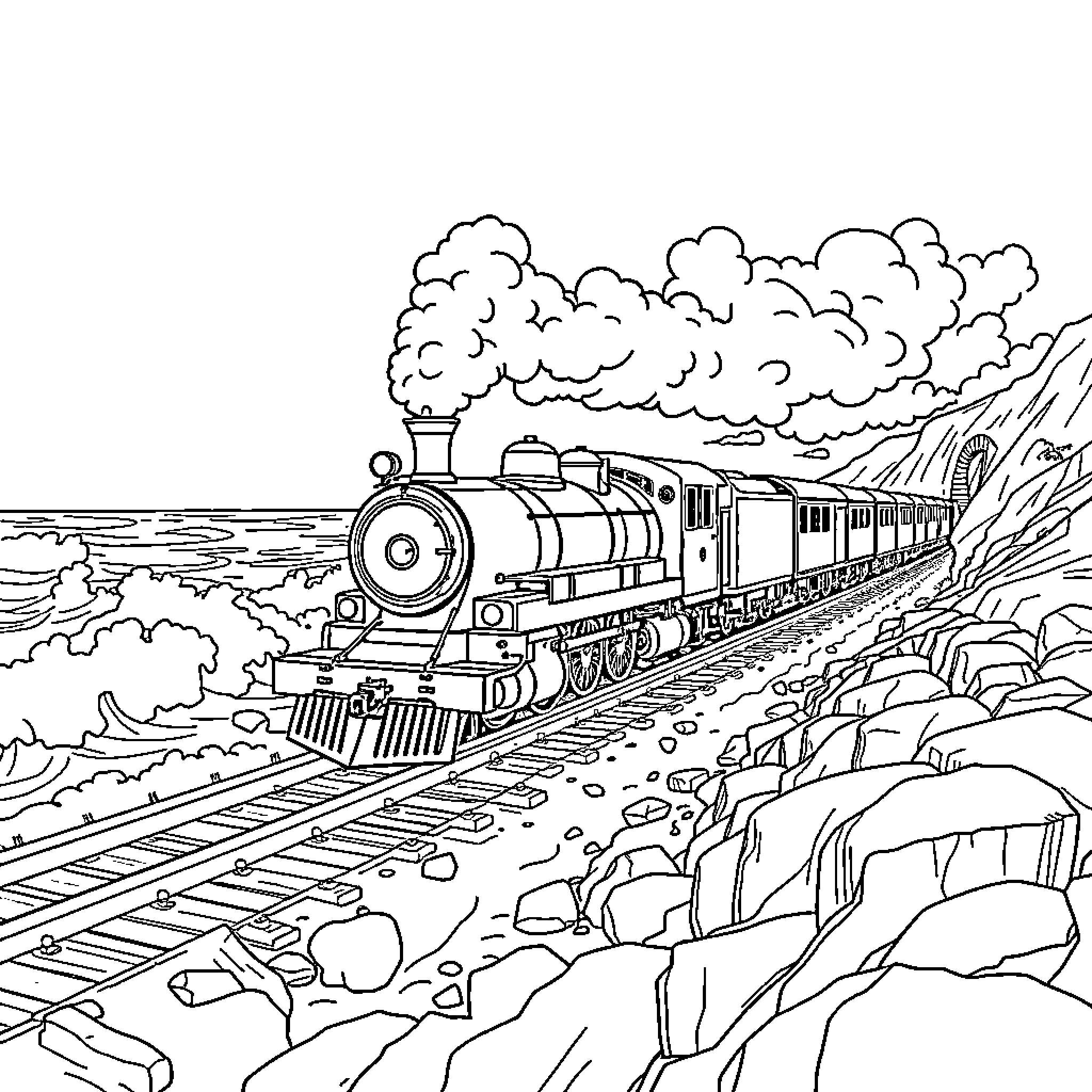 Steam Train Chugging Through Rugged Terrain Coloring Page (free black-and-white line drawing printable PDF for all, from beginners to advanced learners, including children, teens, adults, and seniors)