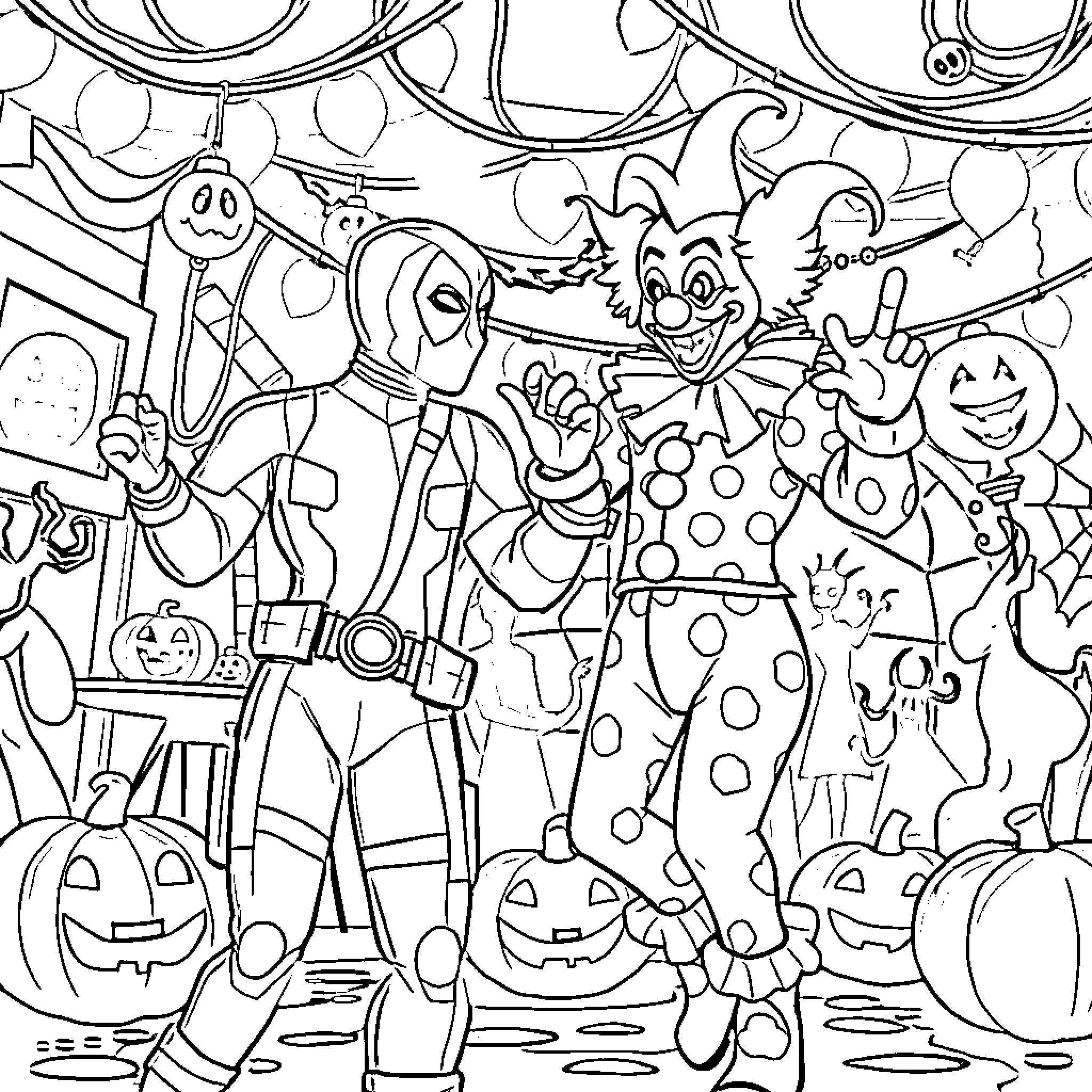 Deadpool's Spooky Halloween Adventure Coloring Page (free black-and-white line drawing printable PDF for all, from beginners to advanced learners, including children, teens, adults, and seniors)
