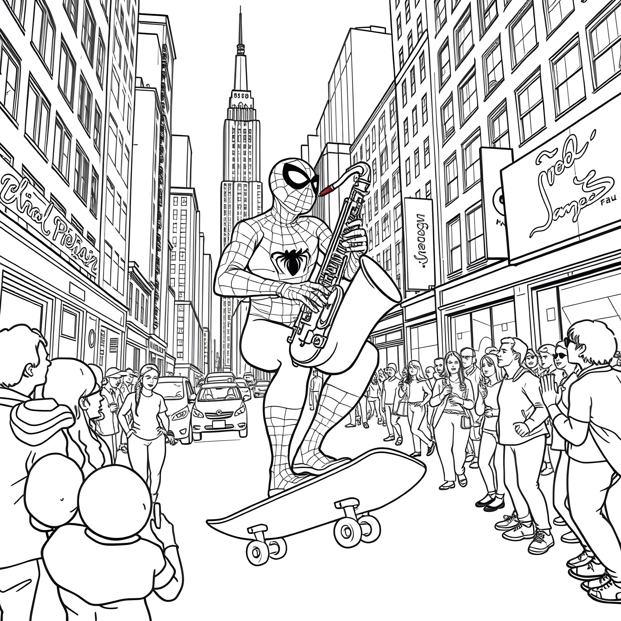 Spidey plays saxophone on busy New York street Coloring Page (free black-and-white line drawing printable PDF for all, from beginners to advanced learners, including children, teens, adults, and seniors)