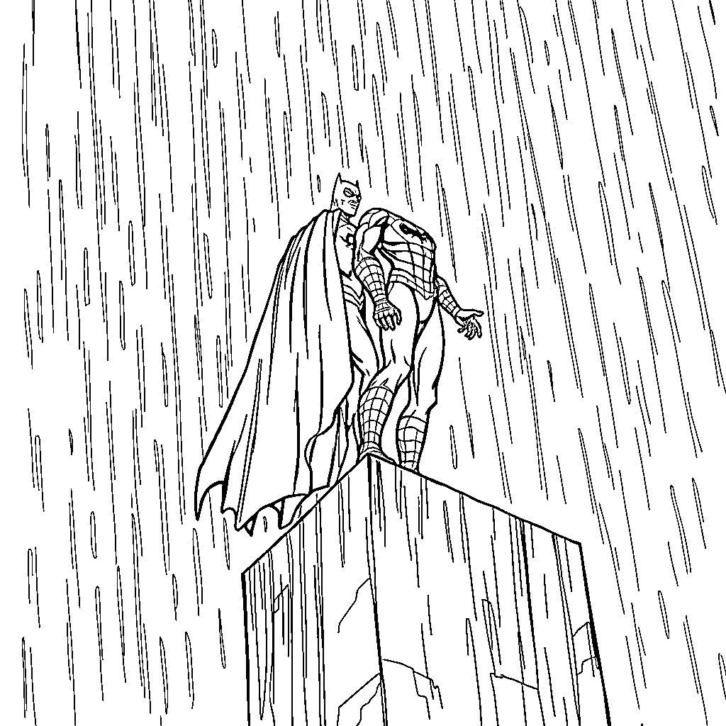 Batman standing tall in the rainstorm Coloring Page (free black-and-white line drawing printable PDF for all, from beginners to advanced learners, including children, teens, adults, and seniors)