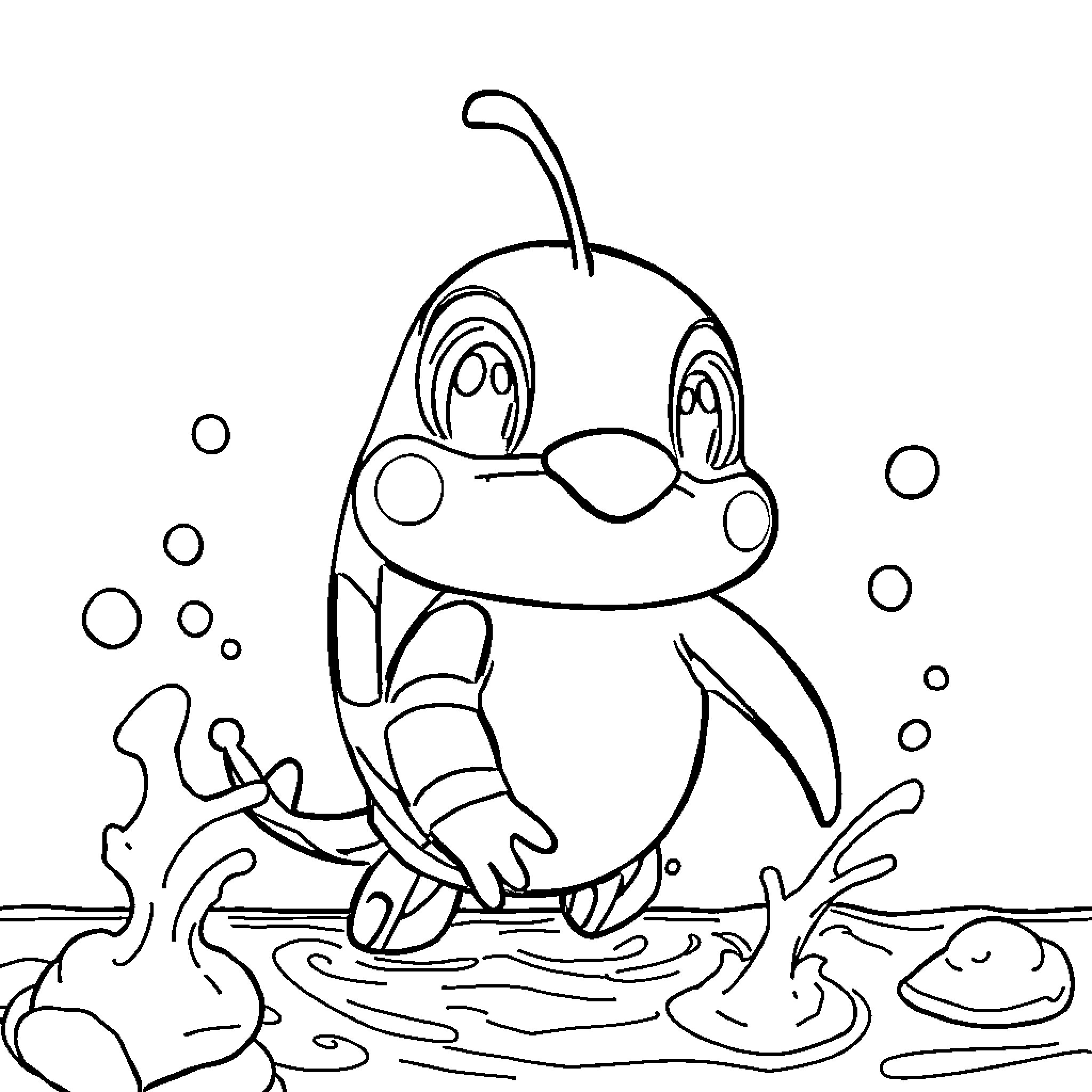 Patrol of a Cheerful Aquatic Creature Coloring Page (free black-and-white line drawing printable PDF for all, from beginners to advanced learners, including children, teens, adults, and seniors)