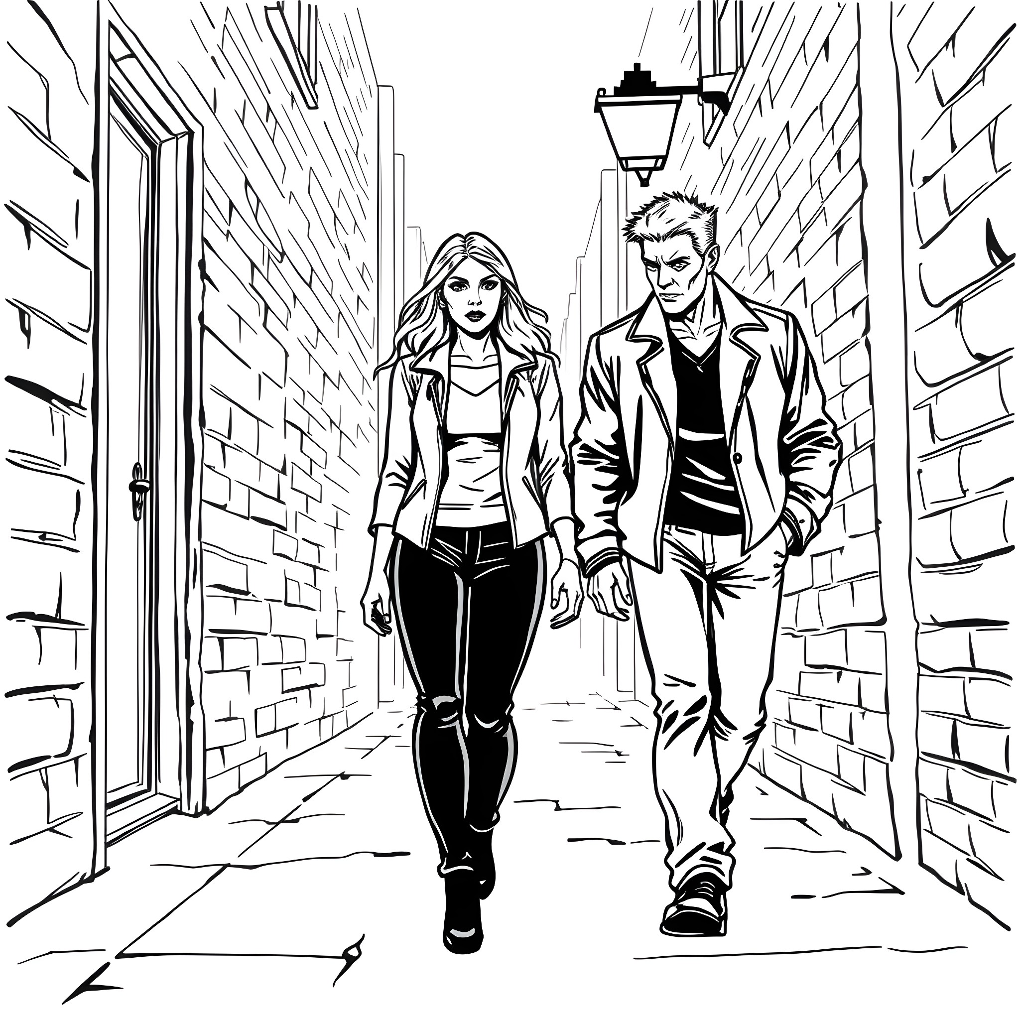 Buffy and The Vampire Slayer Stroll Through the Alley Coloring Page (free black-and-white line drawing printable PDF for all, from beginners to advanced learners, including children, teens, adults, and seniors)