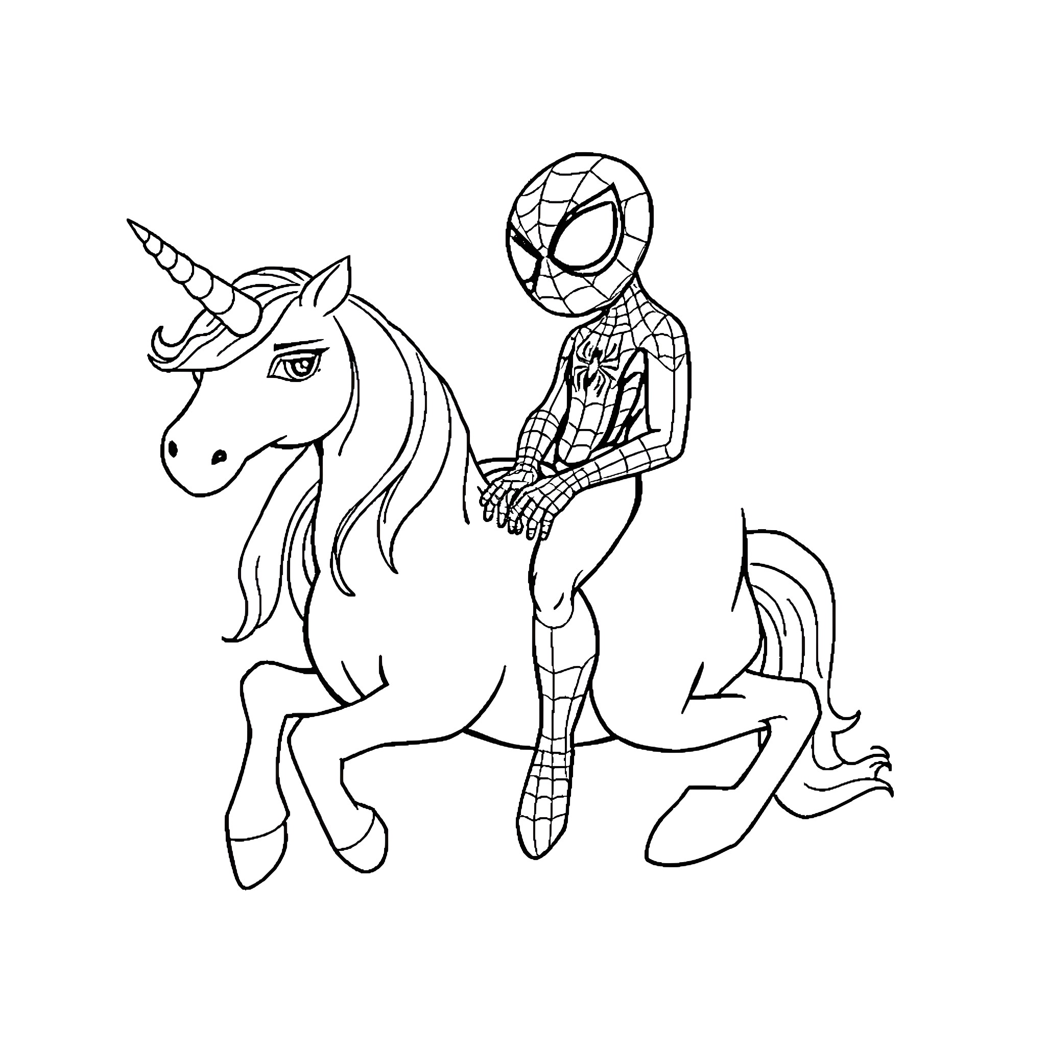 Spidey rides a magical unicorn Coloring Page (free black-and-white line drawing printable PDF for all, from beginners to advanced learners, including children, teens, adults, and seniors)