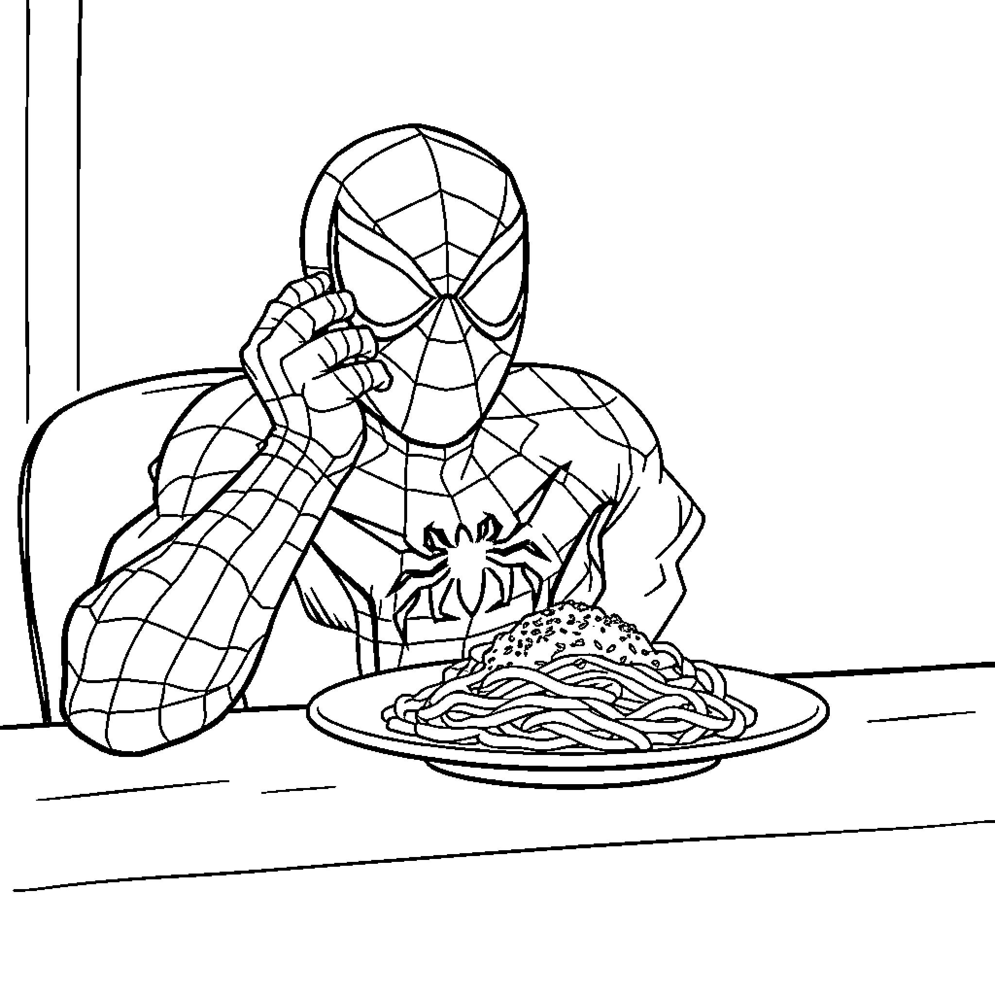Spiderman enjoying spaghetti dinner Coloring Page (free black-and-white line drawing printable PDF for all, from beginners to advanced learners, including children, teens, adults, and seniors)