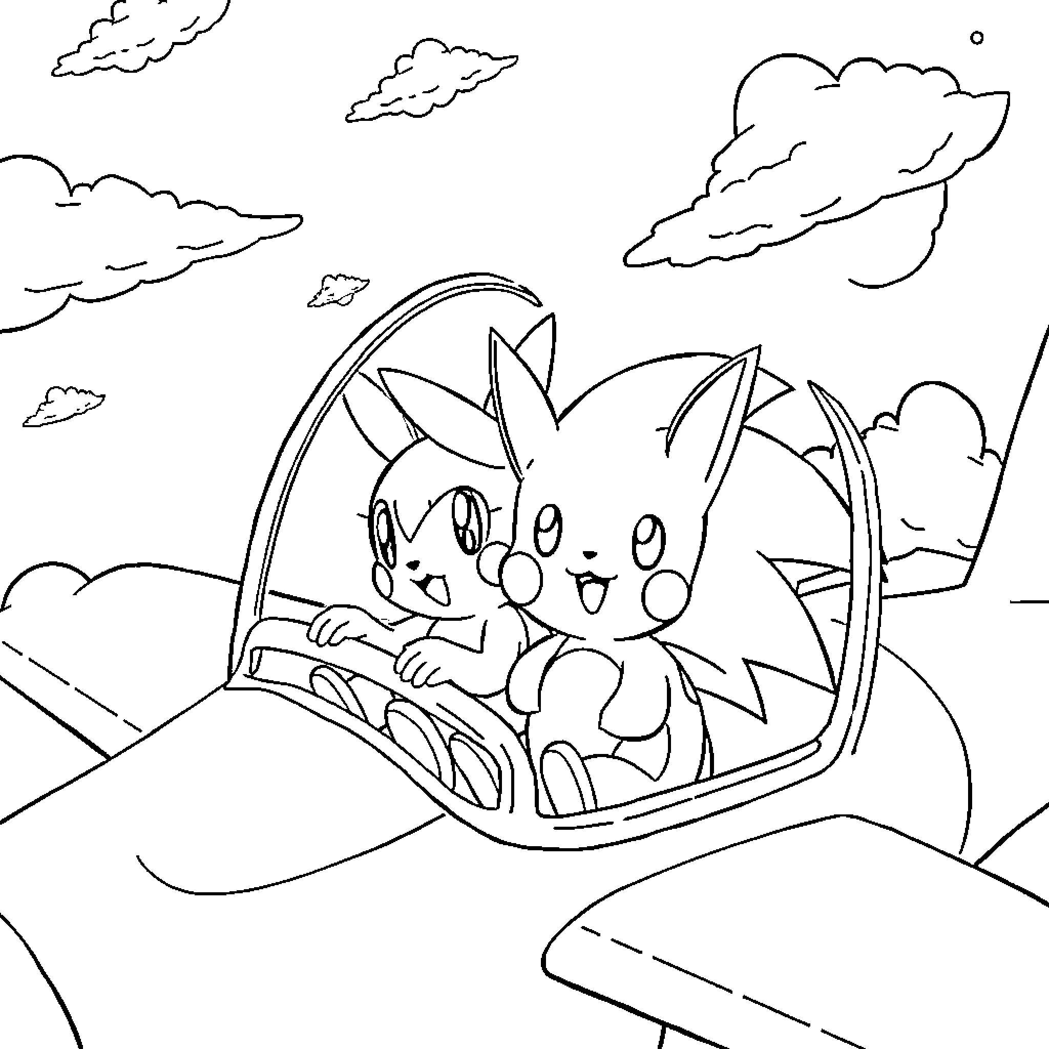 Pikachu enjoying a ride in the sky Coloring Page (free black-and-white line drawing printable PDF for all, from beginners to advanced learners, including children, teens, adults, and seniors)