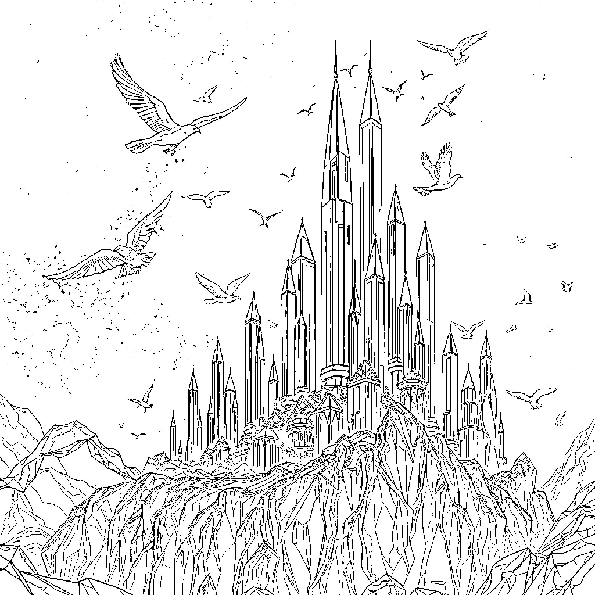 Crystal City with Majestic Spires and Soaring Birds Coloring Page (free black-and-white line drawing printable PDF for all, from beginners to advanced learners, including children, teens, adults, and seniors)