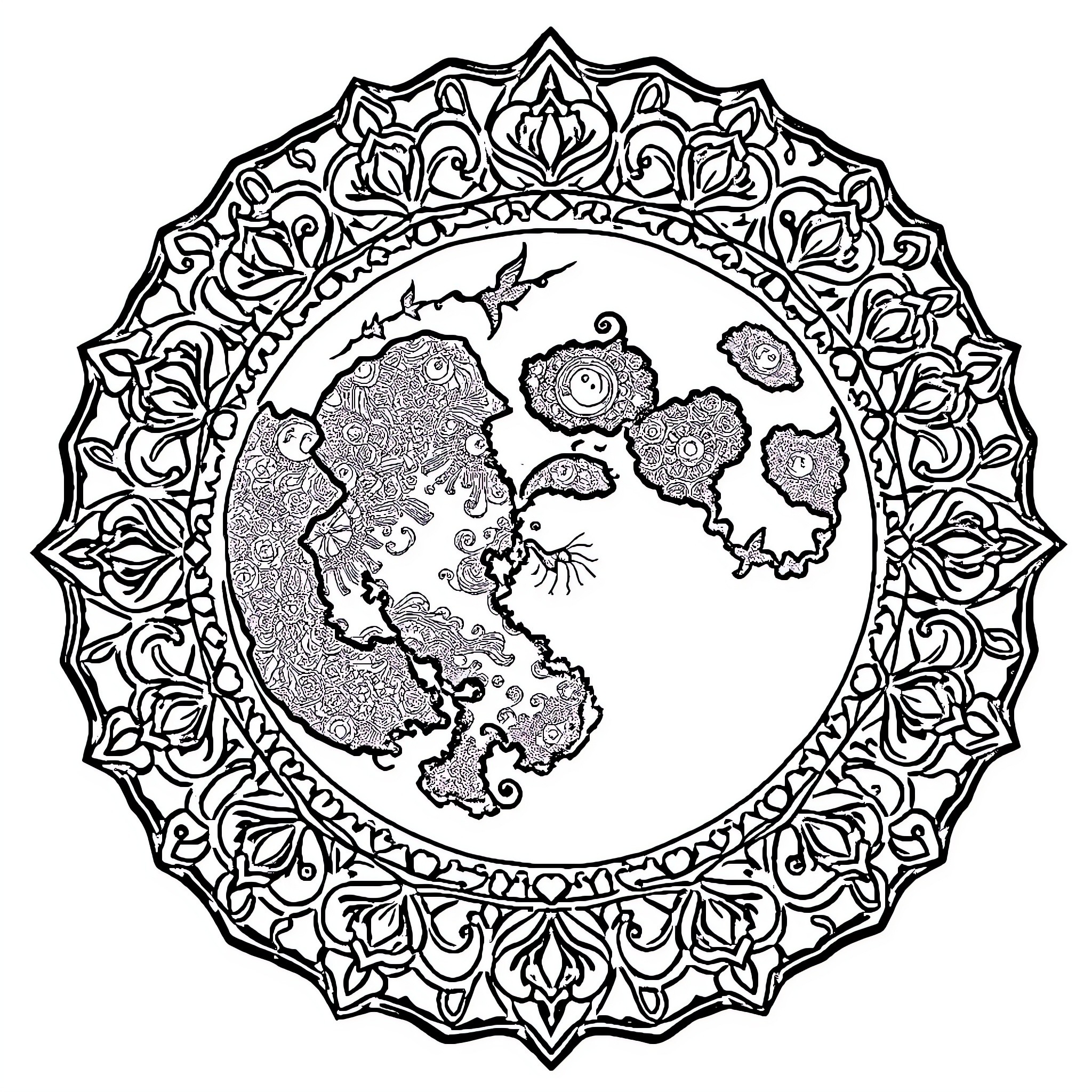 Moon Mandala with intricate floral motifs Coloring Page (free black-and-white line drawing printable PDF for all, from beginners to advanced learners, including children, teens, adults, and seniors)