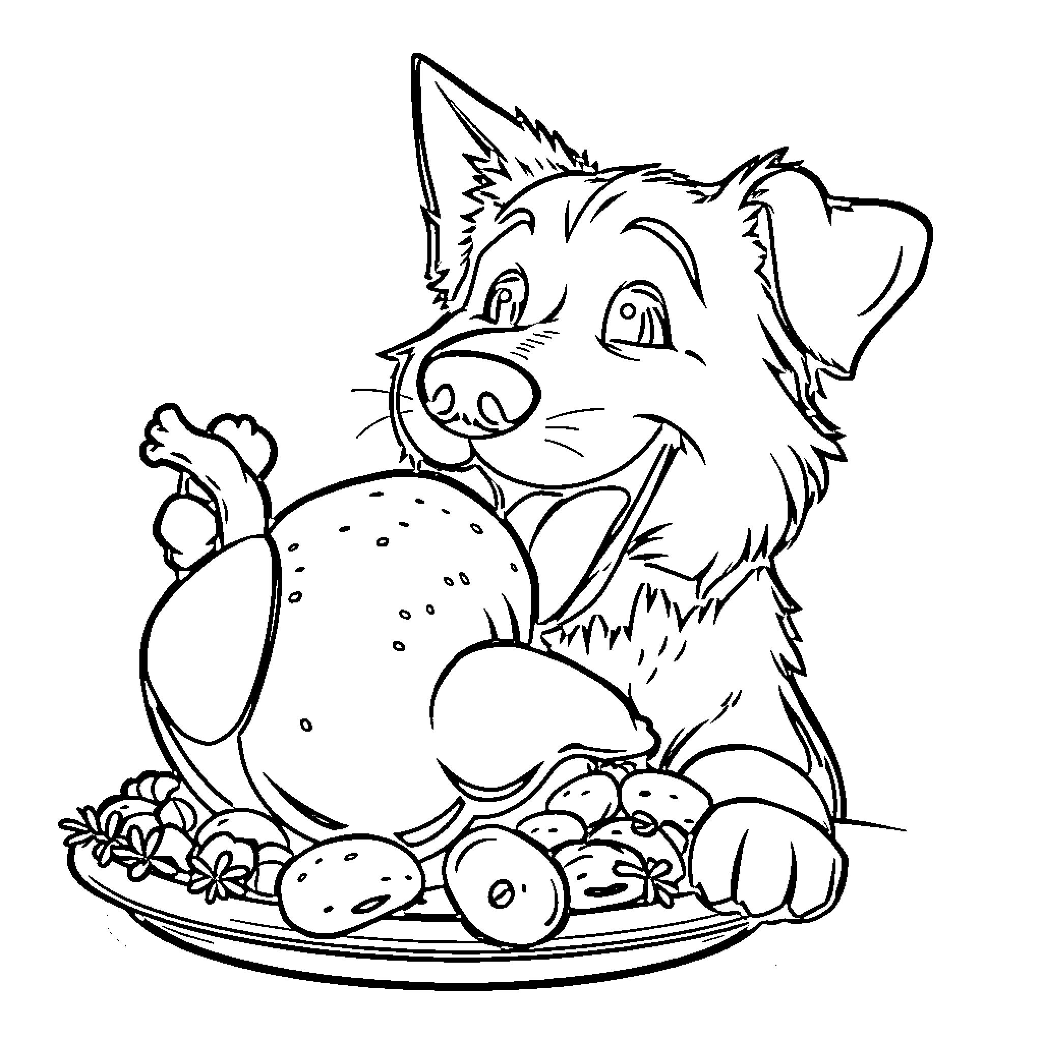 Dog excited for a hearty meal Coloring Page (free black-and-white line drawing printable PDF for all, from beginners to advanced learners, including children, teens, adults, and seniors)