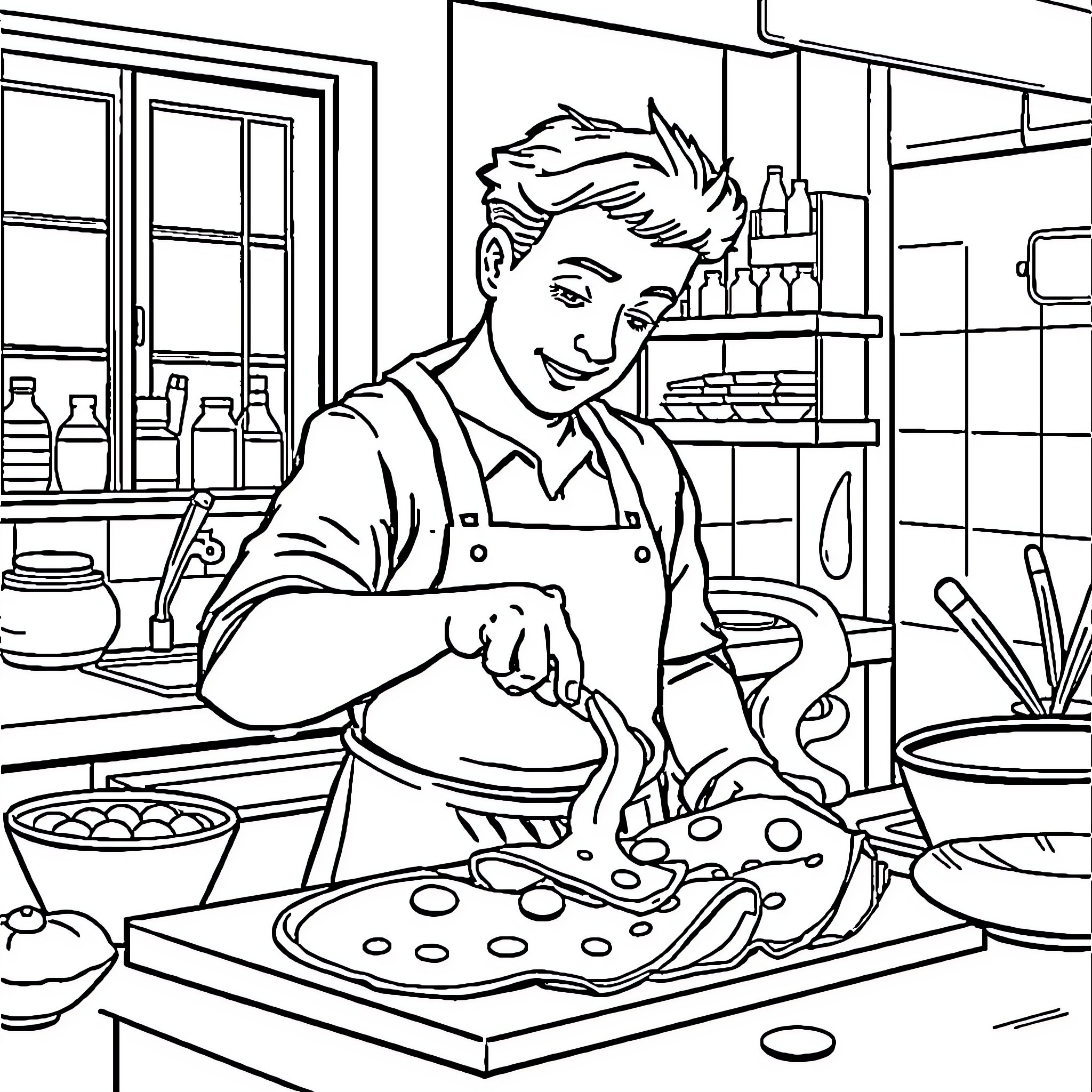 Steech Cooking Happily in the Kitchen Coloring Page (free black-and-white line drawing printable PDF for all, from beginners to advanced learners, including children, teens, adults, and seniors)