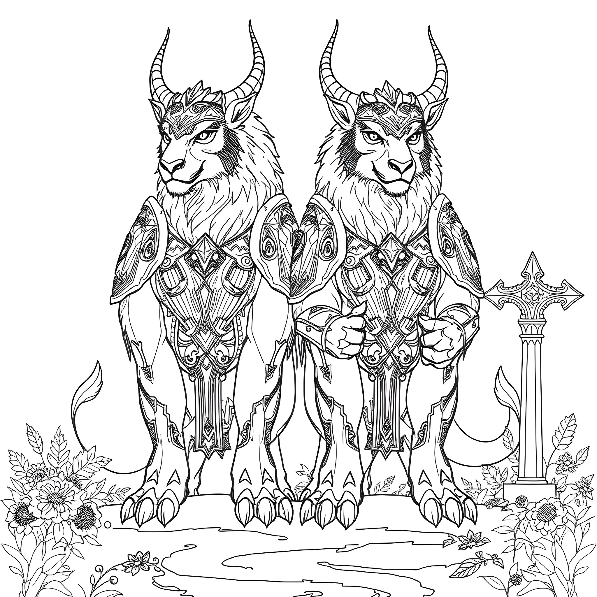 Animal Deities with Ornate Horns and Armor Coloring Page (free black-and-white line drawing printable PDF for all, from beginners to advanced learners, including children, teens, adults, and seniors)