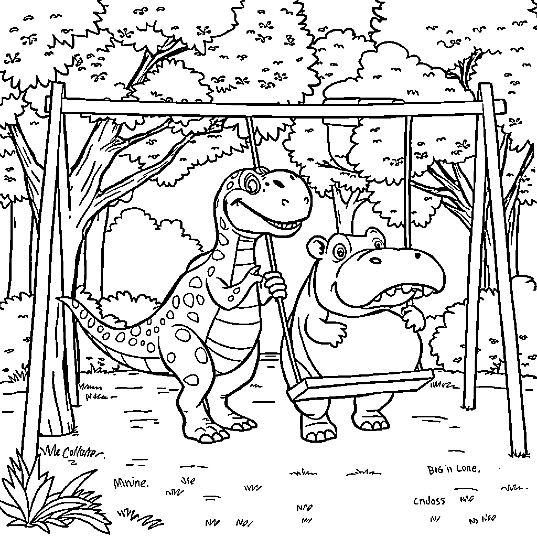 Dino friends playing on a swing in the forest Coloring Page (free black-and-white line drawing printable PDF for all, from beginners to advanced learners, including children, teens, adults, and seniors)