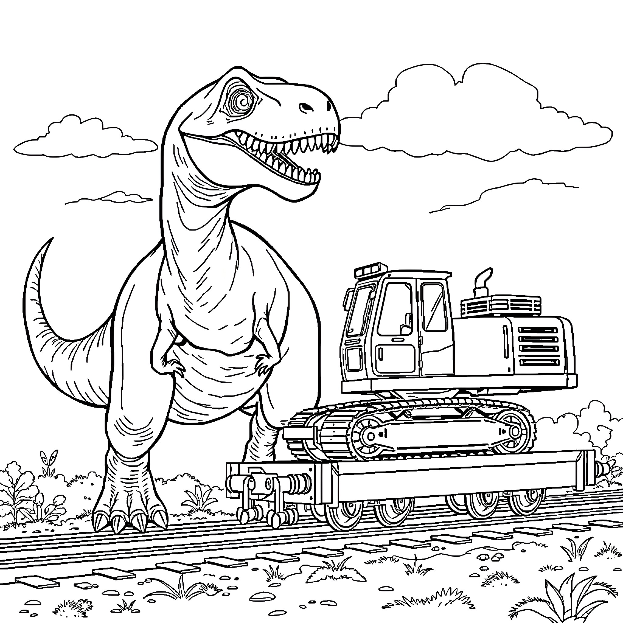 Dinosaur roaring atop a construction vehicle Coloring Page (free black-and-white line drawing printable PDF for all, from beginners to advanced learners, including children, teens, adults, and seniors)