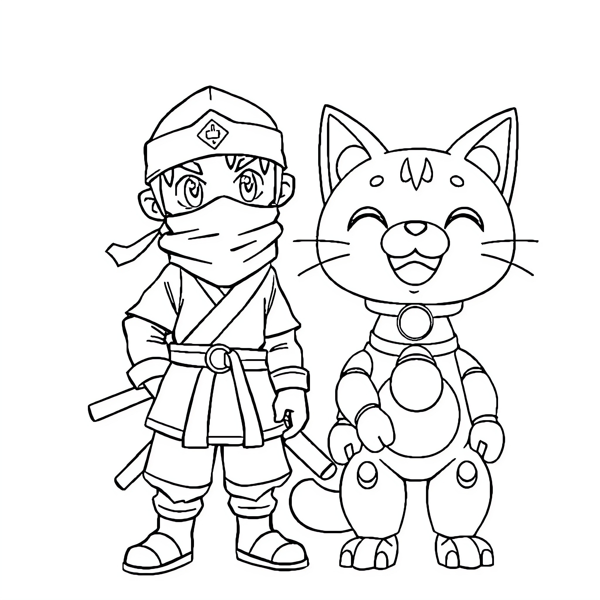 Ninja and Cute Cat Cartoon Characters Coloring Page (free black-and-white line drawing printable PDF for all, from beginners to advanced learners, including children, teens, adults, and seniors)