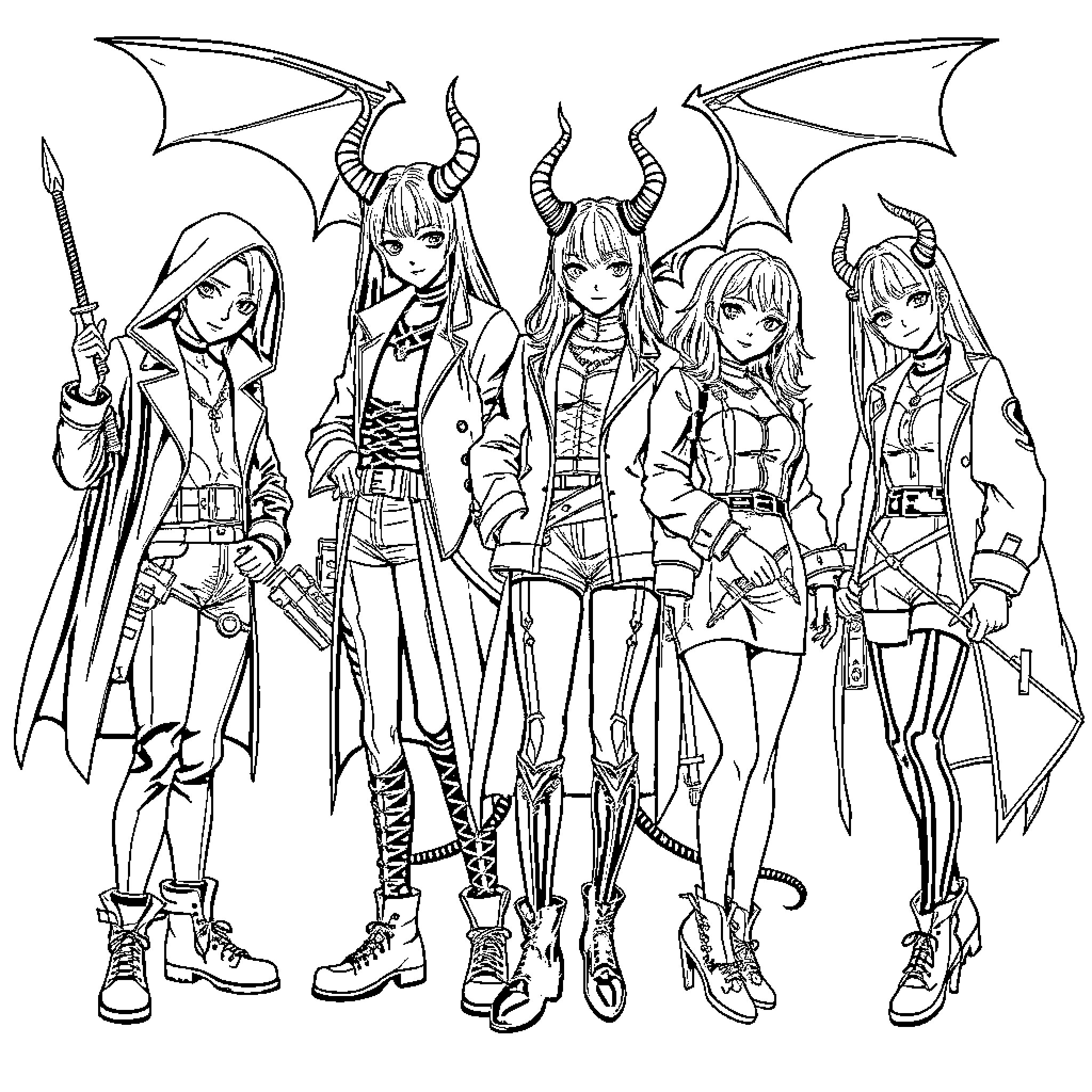 Demon Hunter Squad in Action-Packed Battle Gear Coloring Page (free black-and-white line drawing printable PDF for all, from beginners to advanced learners, including children, teens, adults, and seniors)