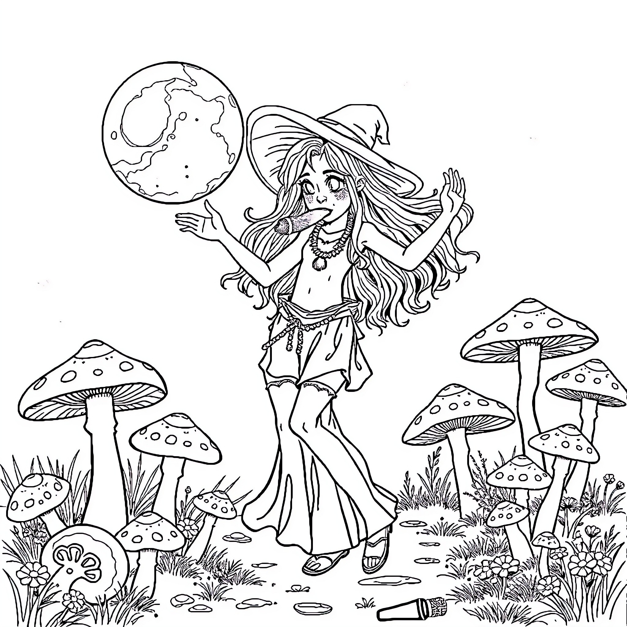 Rave Girl dancing with glowing orb in enchanted forest Coloring Page (free black-and-white line drawing printable PDF for all, from beginners to advanced learners, including children, teens, adults, and seniors)