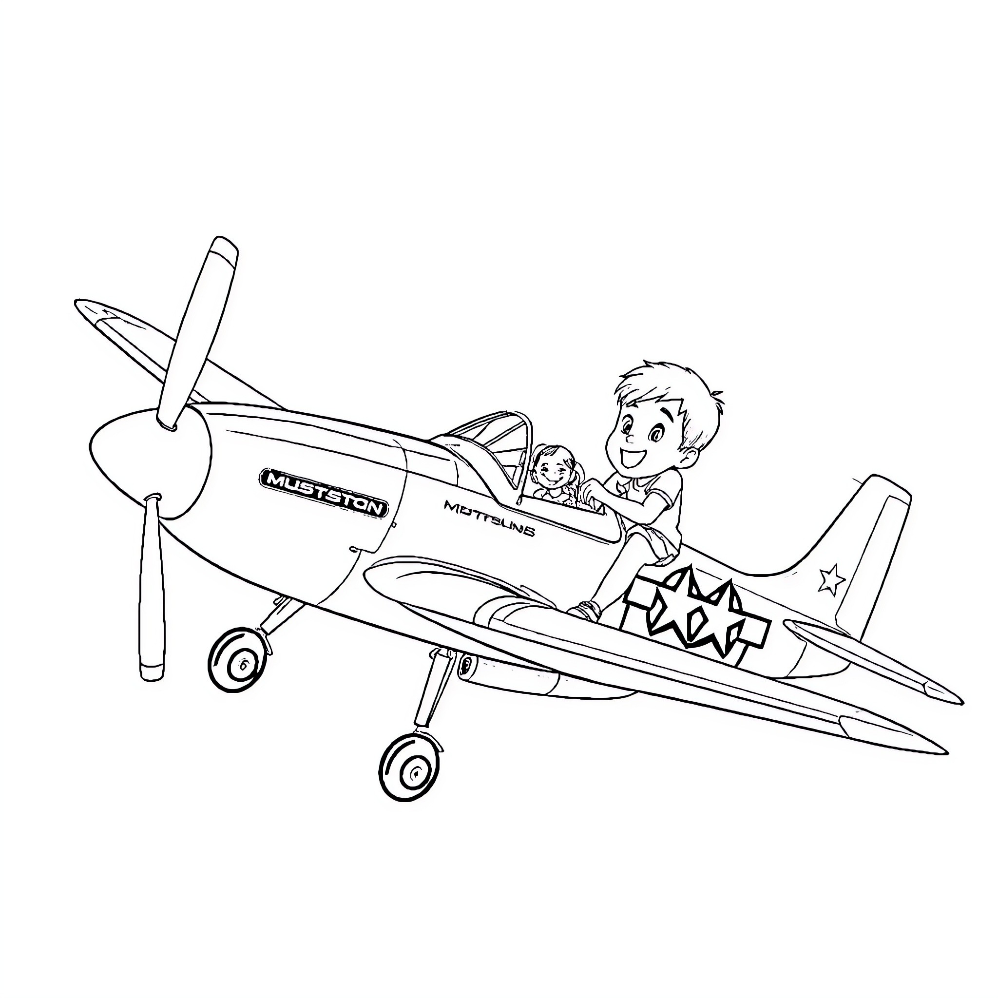 Boy flying an airplane with excitement Coloring Page (free black-and-white line drawing printable PDF for all, from beginners to advanced learners, including children, teens, adults, and seniors)