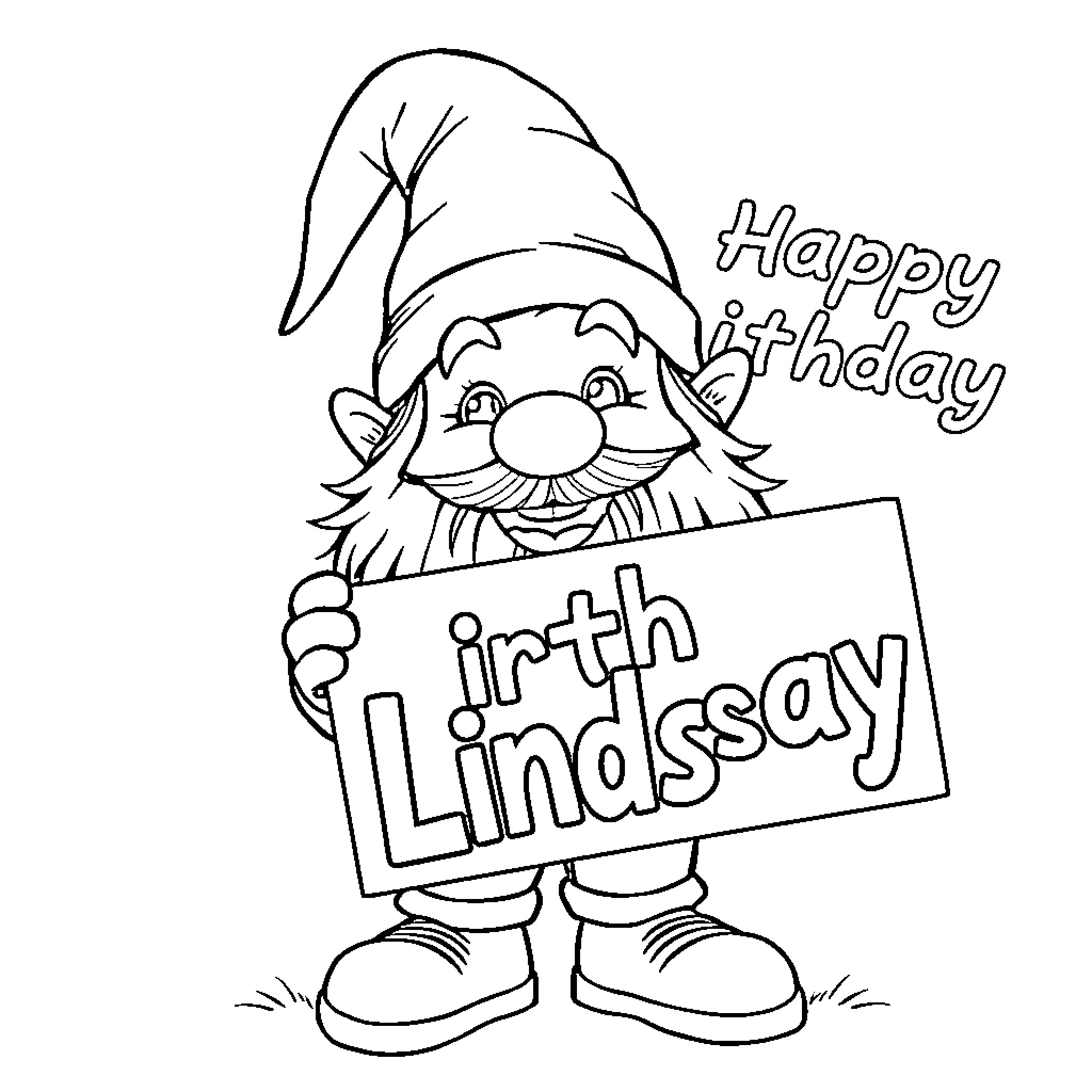 Gnome celebrating with birthday sign Coloring Page (free black-and-white line drawing printable PDF for all, from beginners to advanced learners, including children, teens, adults, and seniors)