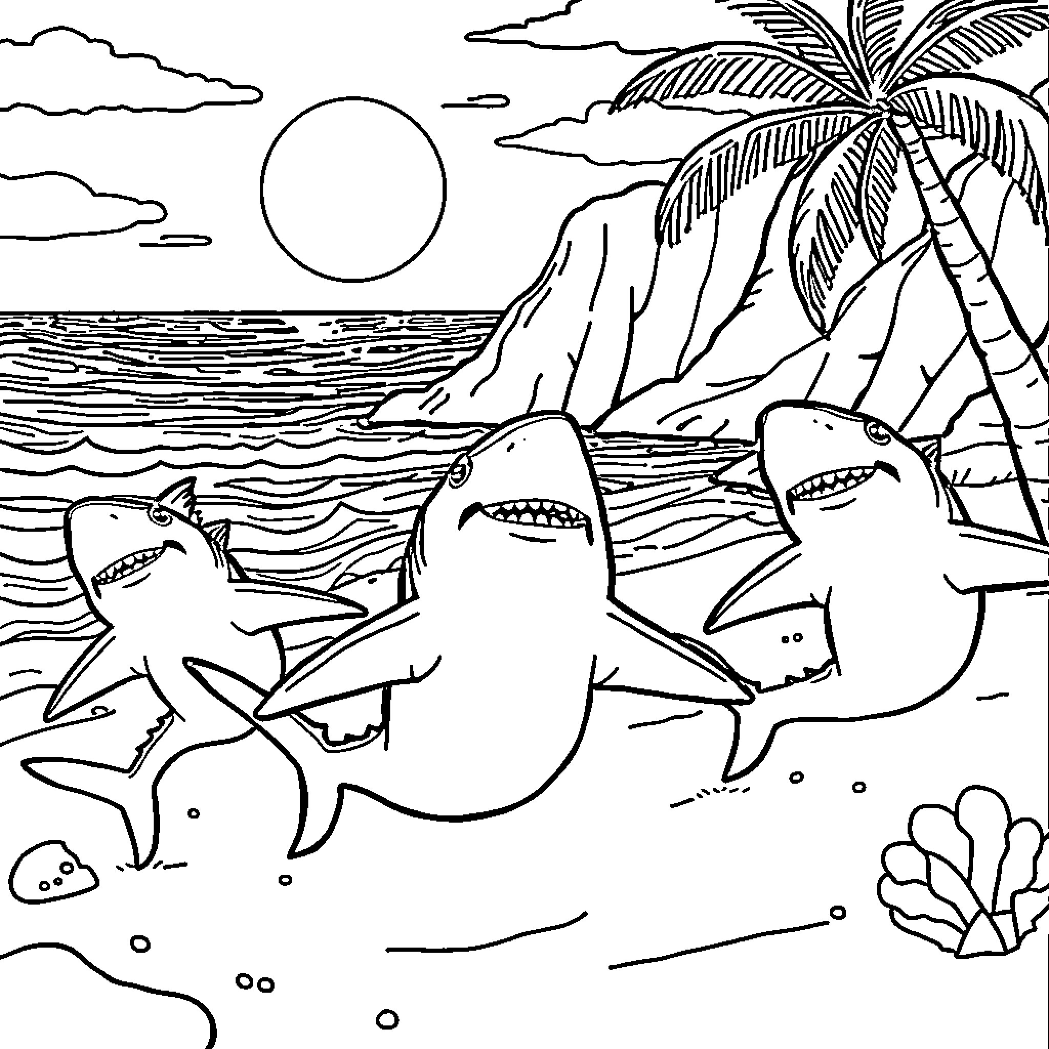 Shark family on tropical beach scene Coloring Page (free black-and-white line drawing printable PDF for all, from beginners to advanced learners, including children, teens, adults, and seniors)