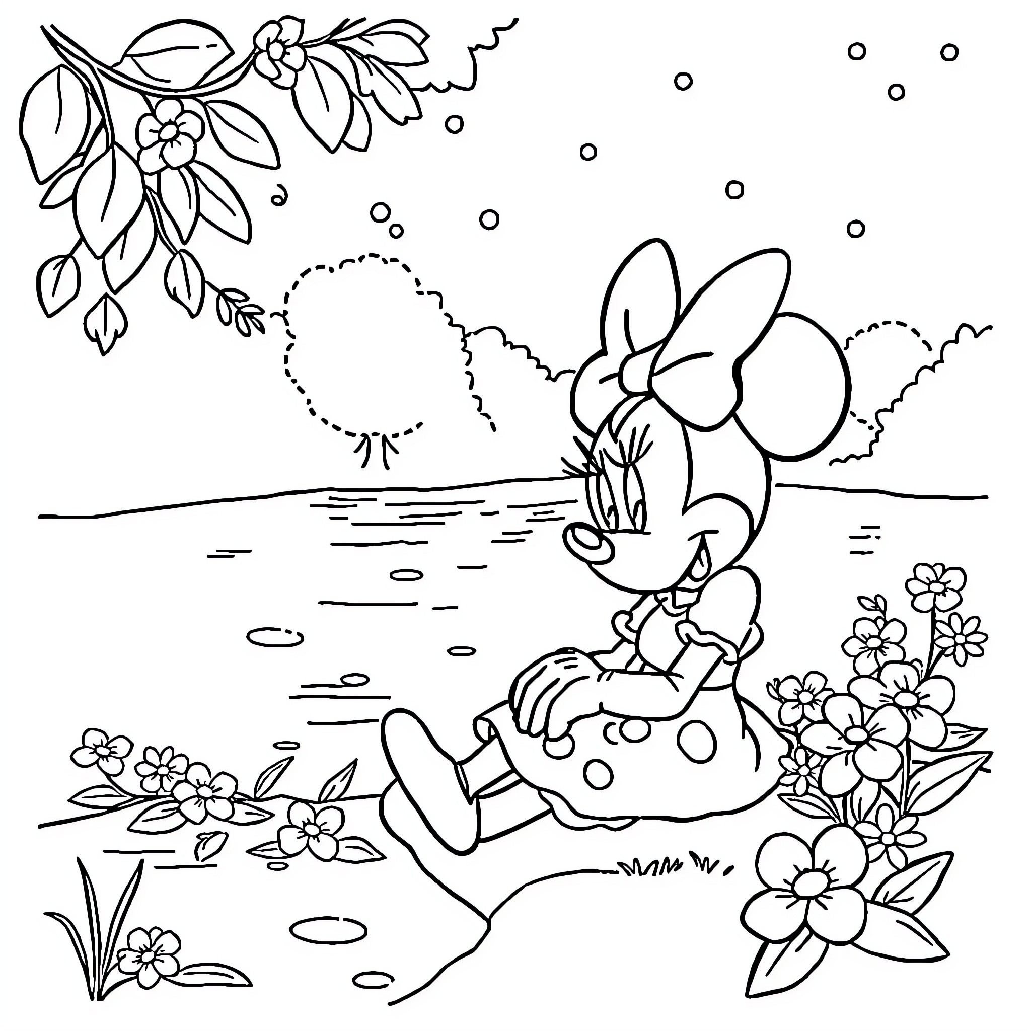 Minnie enjoying a sunny day in nature Coloring Page (free black-and-white line drawing printable PDF for all, from beginners to advanced learners, including children, teens, adults, and seniors)
