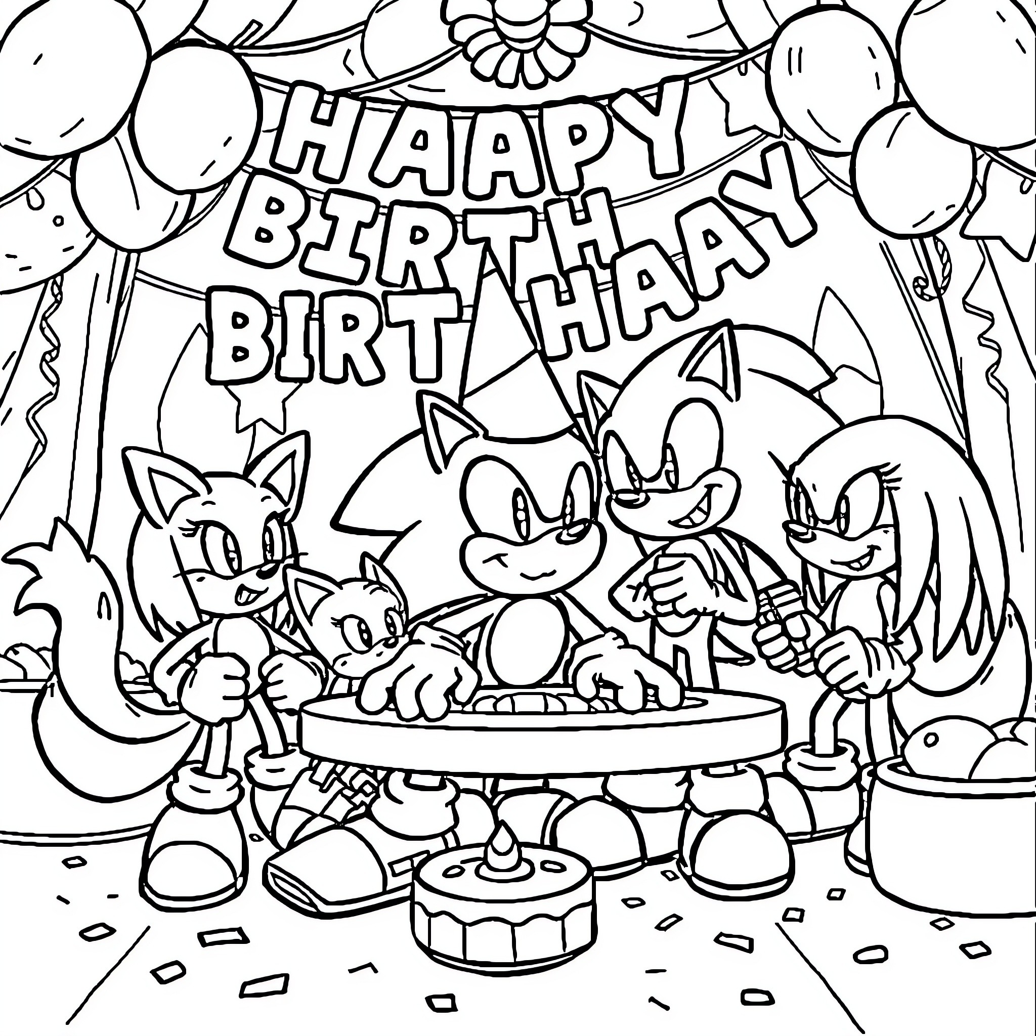 Sonic characters celebrating a happy birthday Coloring Page (free black-and-white line drawing printable PDF for all, from beginners to advanced learners, including children, teens, adults, and seniors)