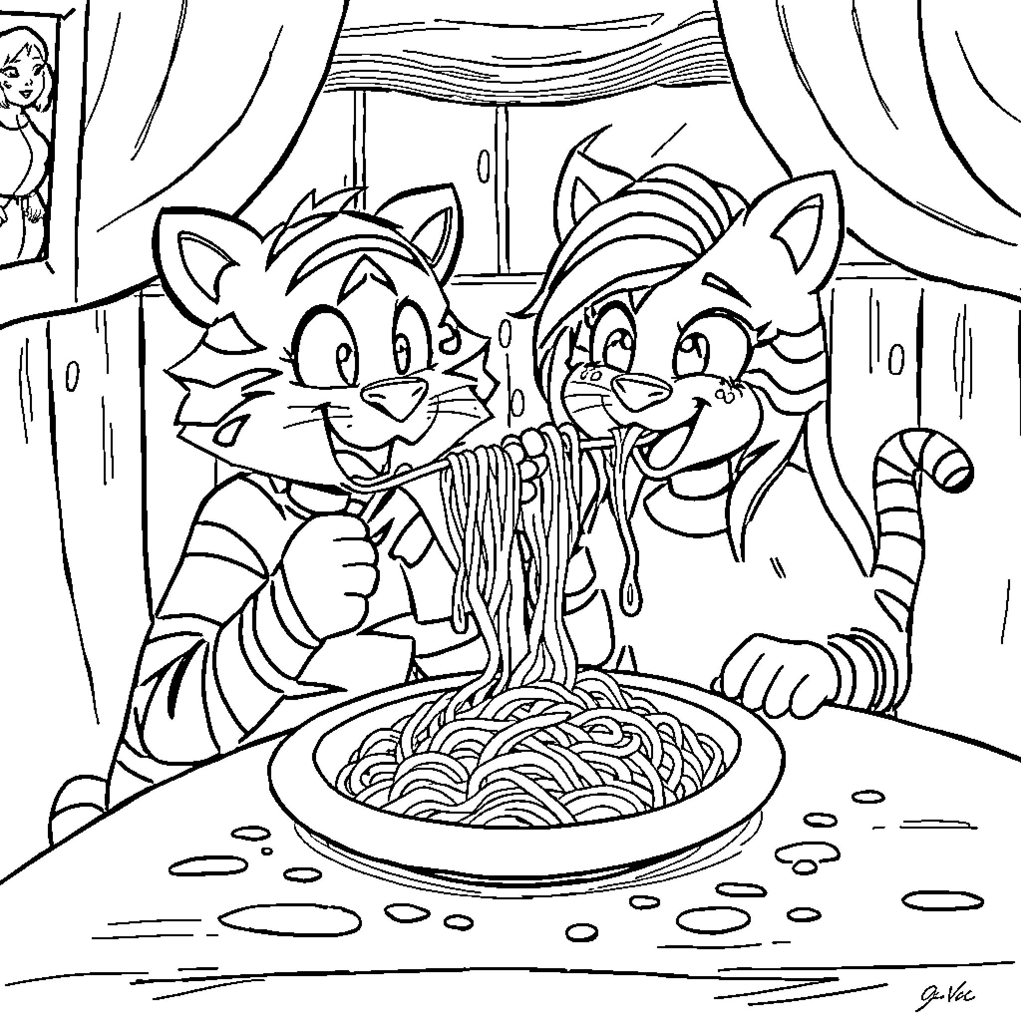Tiger Kittens Enjoying a Hearty Pasta Meal Coloring Page (free black-and-white line drawing printable PDF for all, from beginners to advanced learners, including children, teens, adults, and seniors)