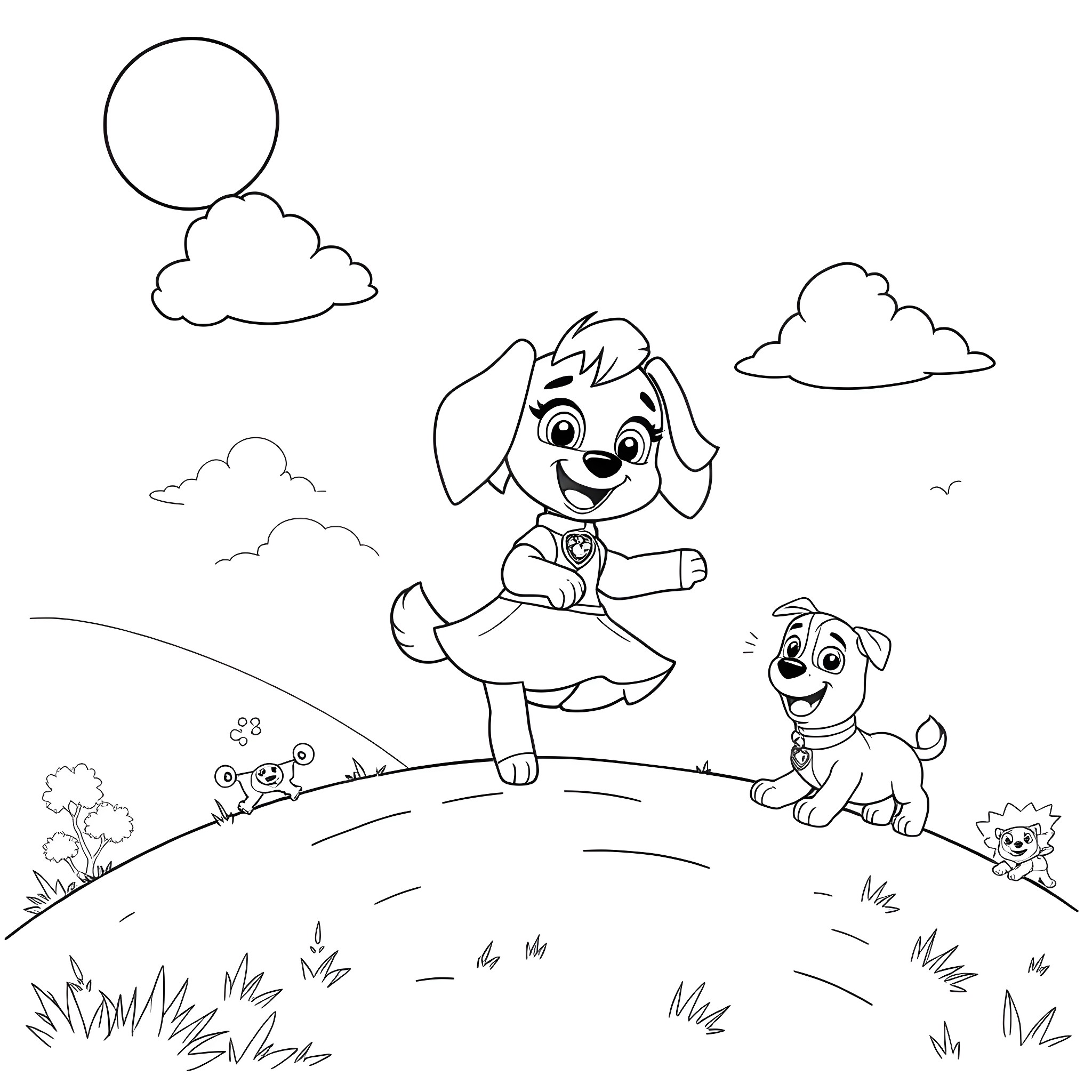 Skye and her pup friends exploring the outdoors Coloring Page (free black-and-white line drawing printable PDF for all, from beginners to advanced learners, including children, teens, adults, and seniors)