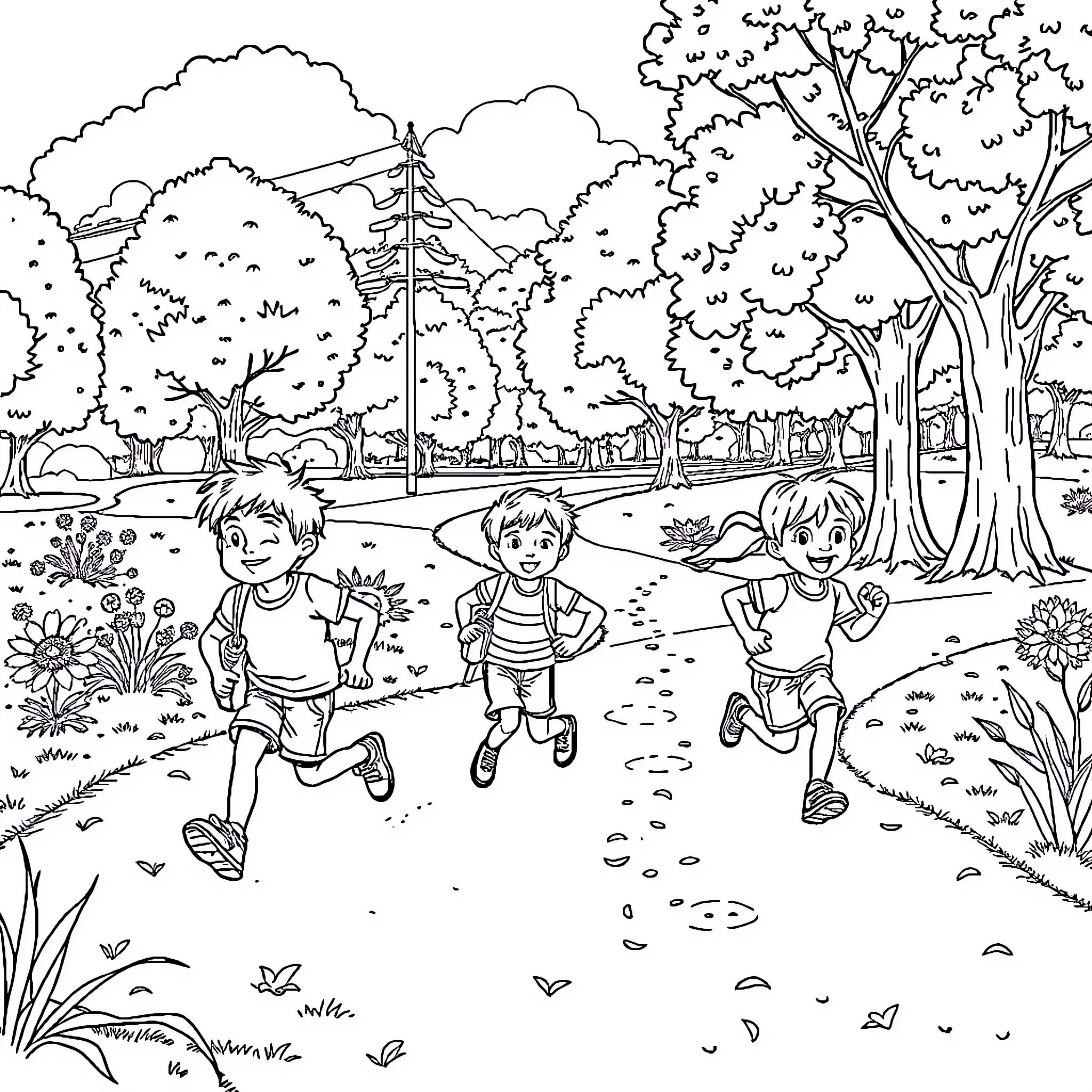 Enfants courant joyeusement dans le parc Coloring Page (free black-and-white line drawing printable PDF for all, from beginners to advanced learners, including children, teens, adults, and seniors)