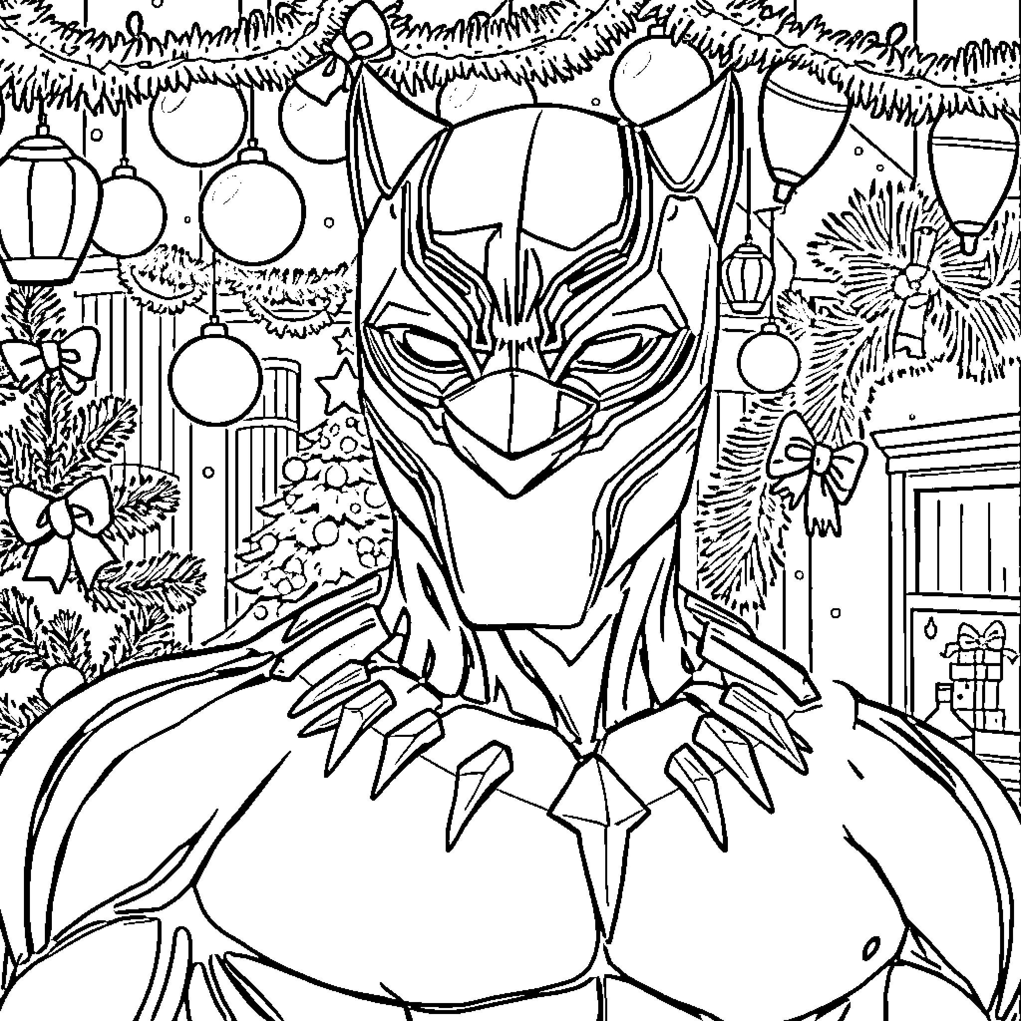Panther Warrior in Holiday Decor Coloring Page (free black-and-white line drawing printable PDF for all, from beginners to advanced learners, including children, teens, adults, and seniors)