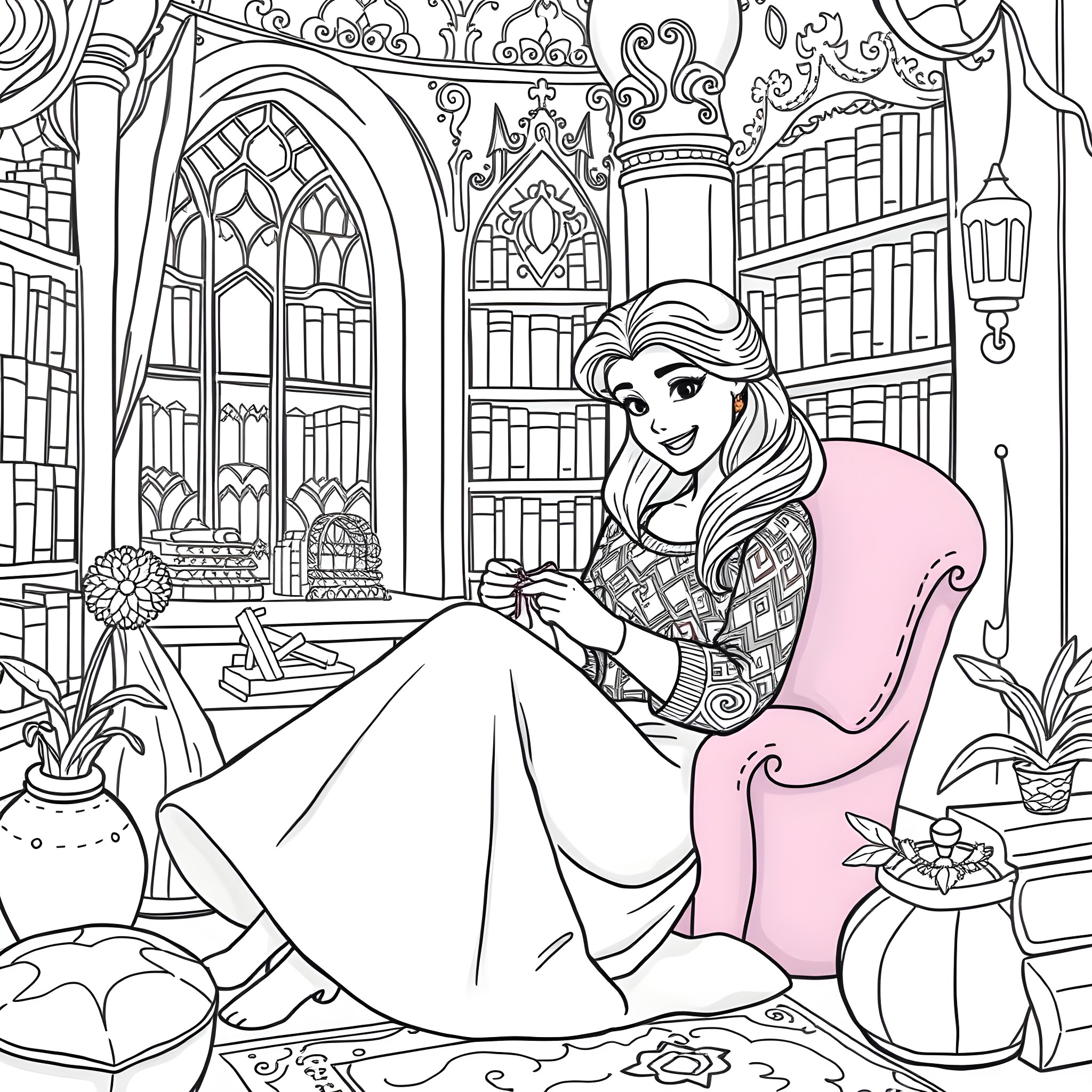 Belle Enjoying a Book in the Library Coloring Page (free black-and-white line drawing printable PDF for all, from beginners to advanced learners, including children, teens, adults, and seniors)