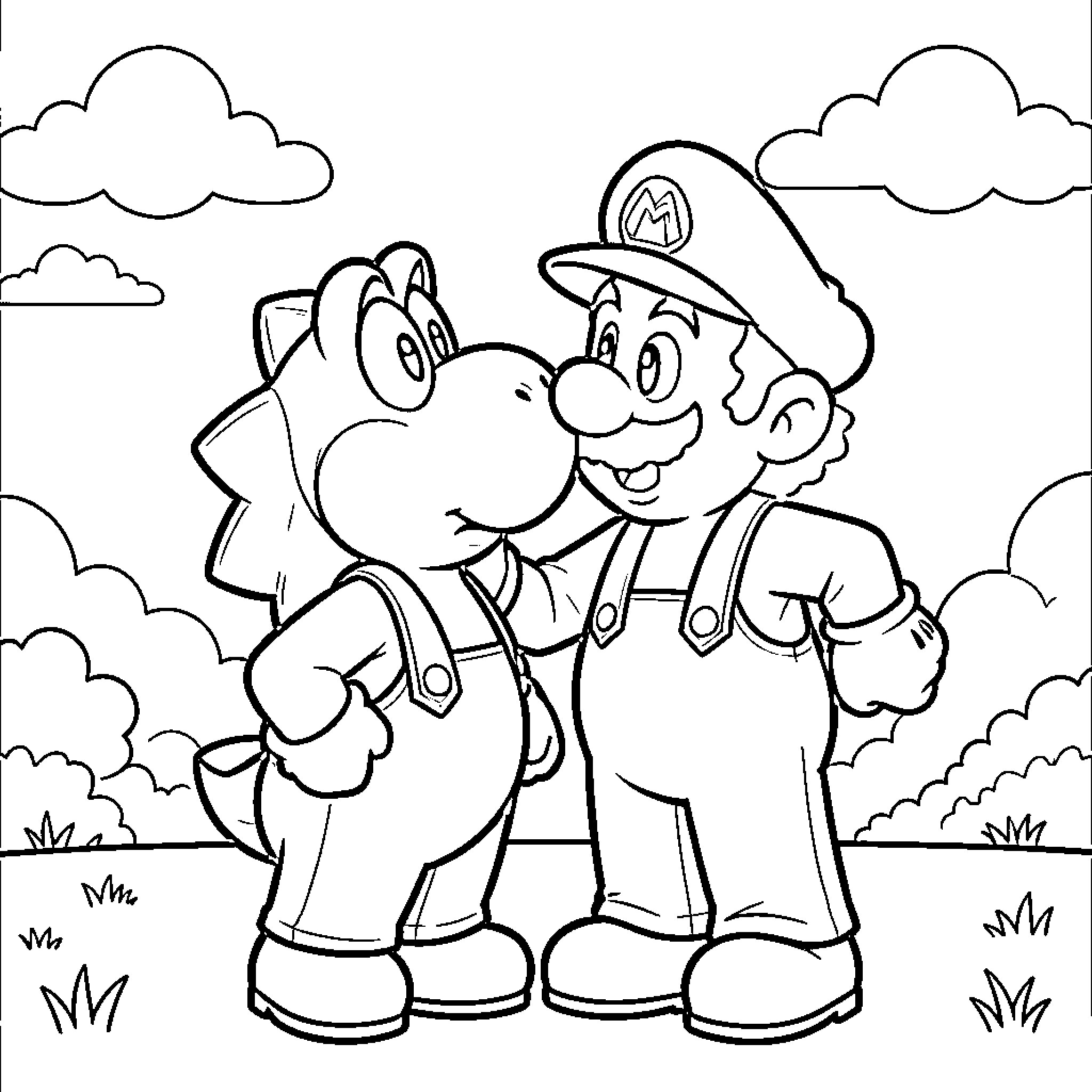 Yoshi and Mario on an adventure Coloring Page (free black-and-white line drawing printable PDF for all, from beginners to advanced learners, including children, teens, adults, and seniors)