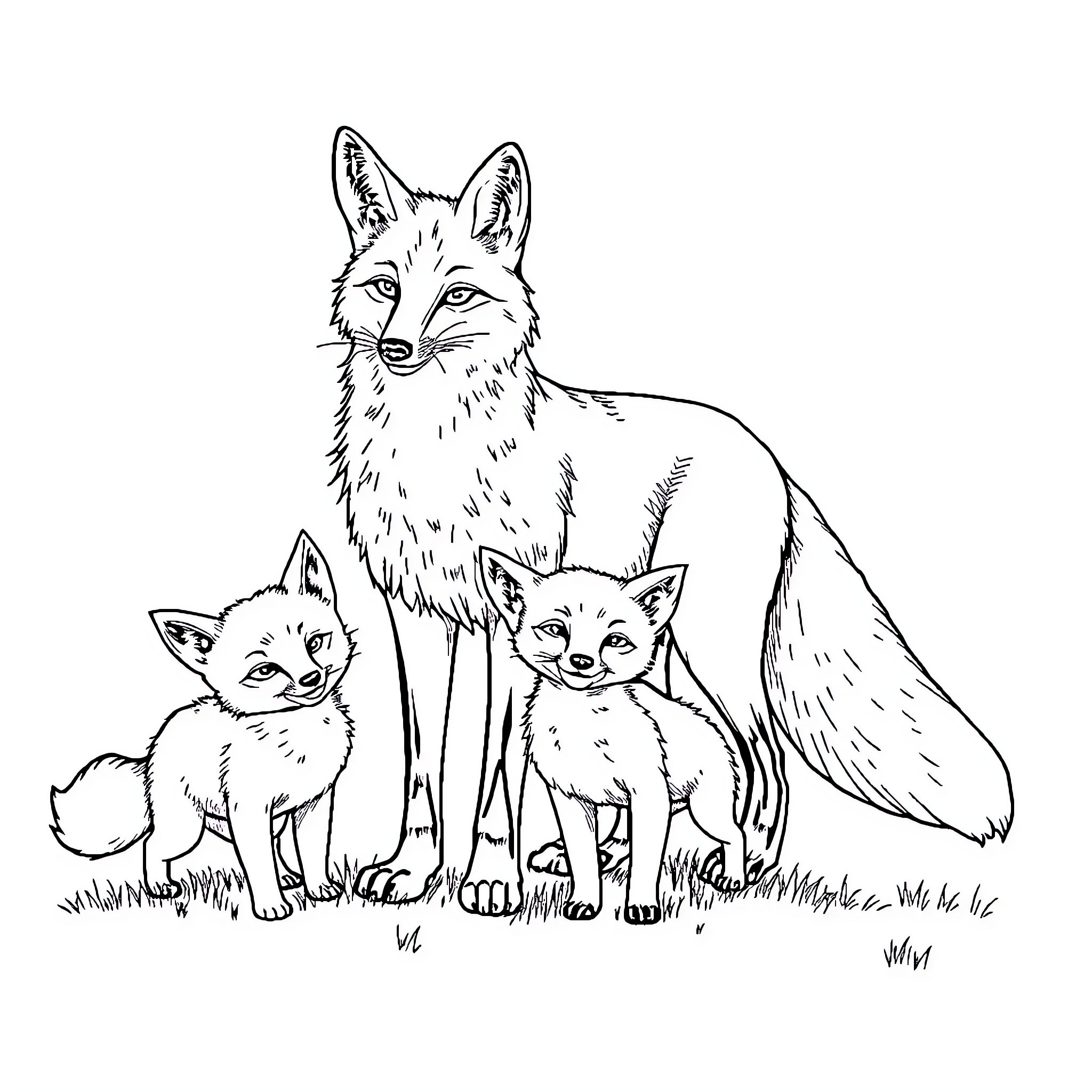Fox family playing in the grass Coloring Page (free black-and-white line drawing printable PDF for all, from beginners to advanced learners, including children, teens, adults, and seniors)
