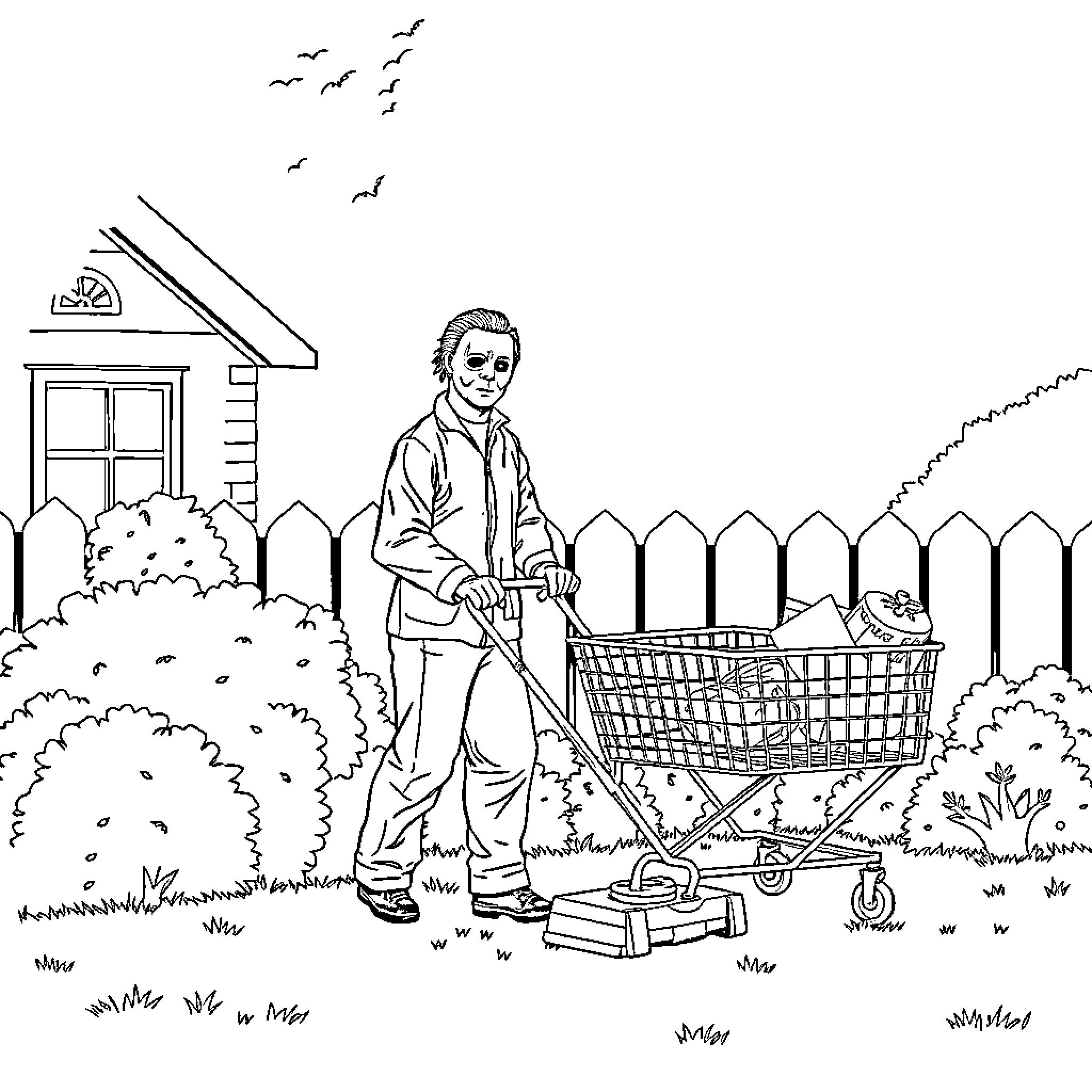 Michael Myers pushing a shopping cart through the neighborhood Coloring Page (free black-and-white line drawing printable PDF for all, from beginners to advanced learners, including children, teens, adults, and seniors)